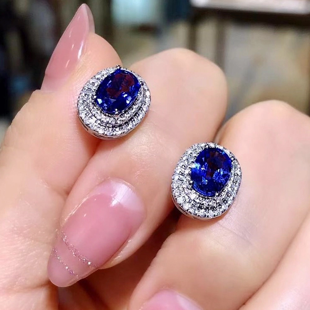 Exquisite Oval Blue Zirconia Halo Stud Earrings for Women