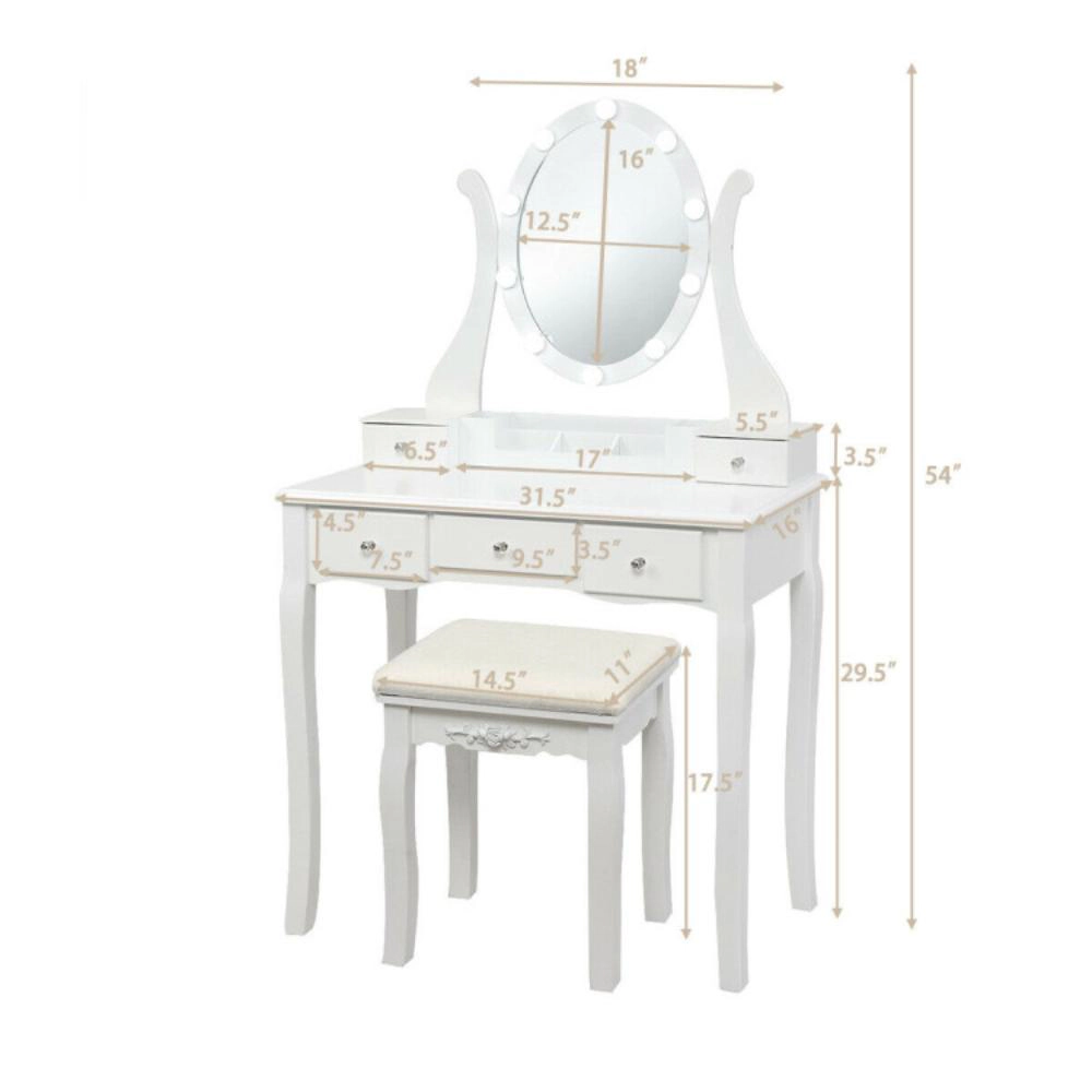 Hivvago 10 Dimmable Lights Vanity Table Set With Lighted Mirror And Cushioned Stool-White
