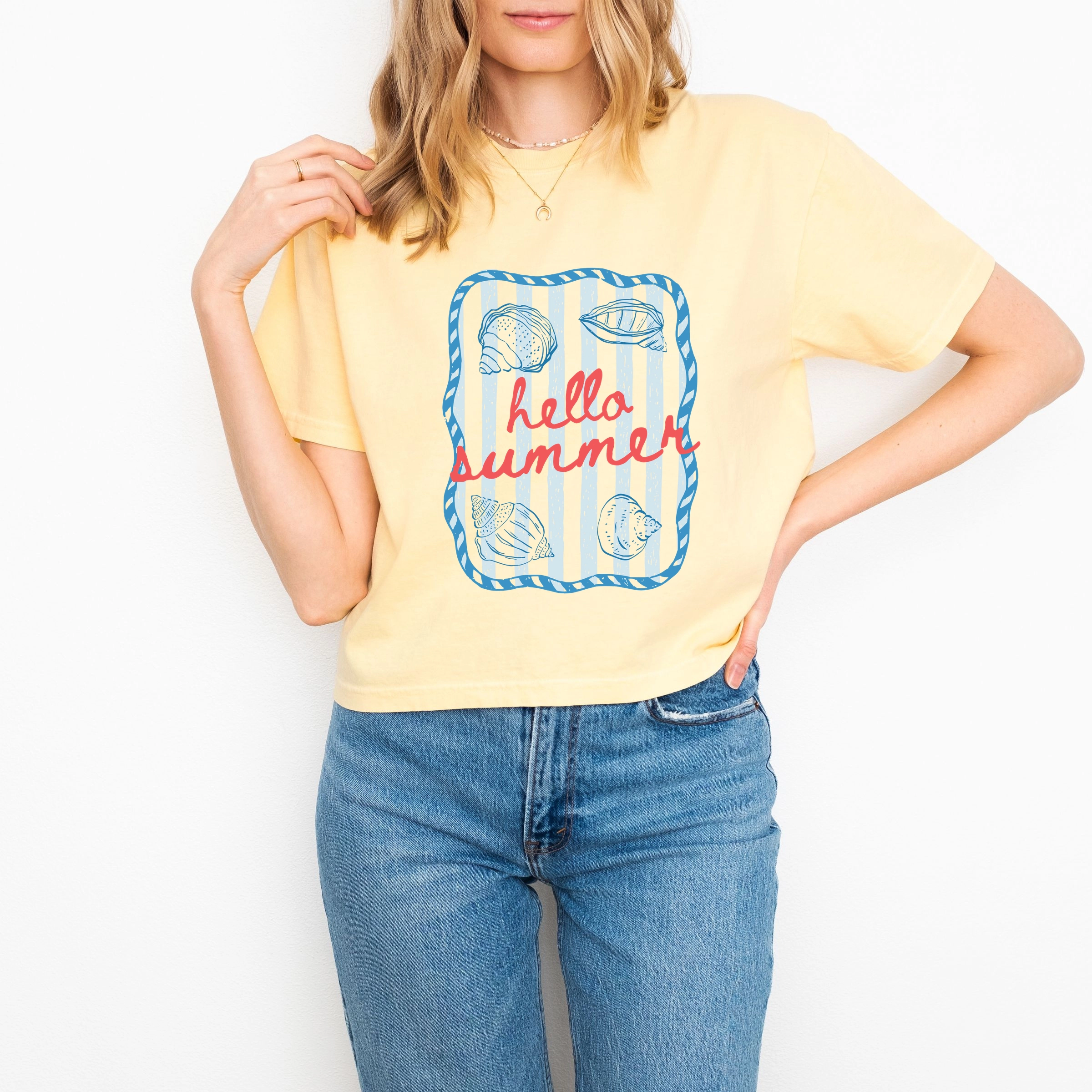 Simply Sage Market - Hello Summer Sea Shells Women's Boxy Crop Top Graphic T-Shirt