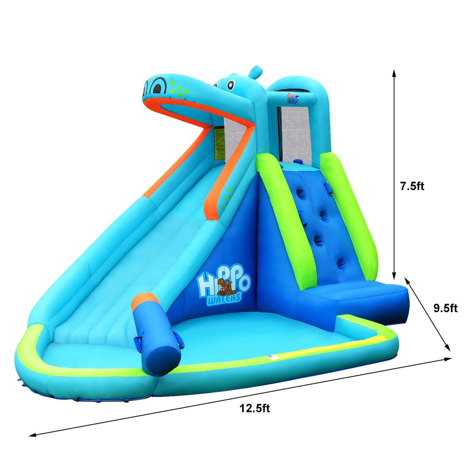 SUGIFT Blue Hippo Inflatable Water Slide Bounce House with Splash Pool Climbing Wall and 740W Blower