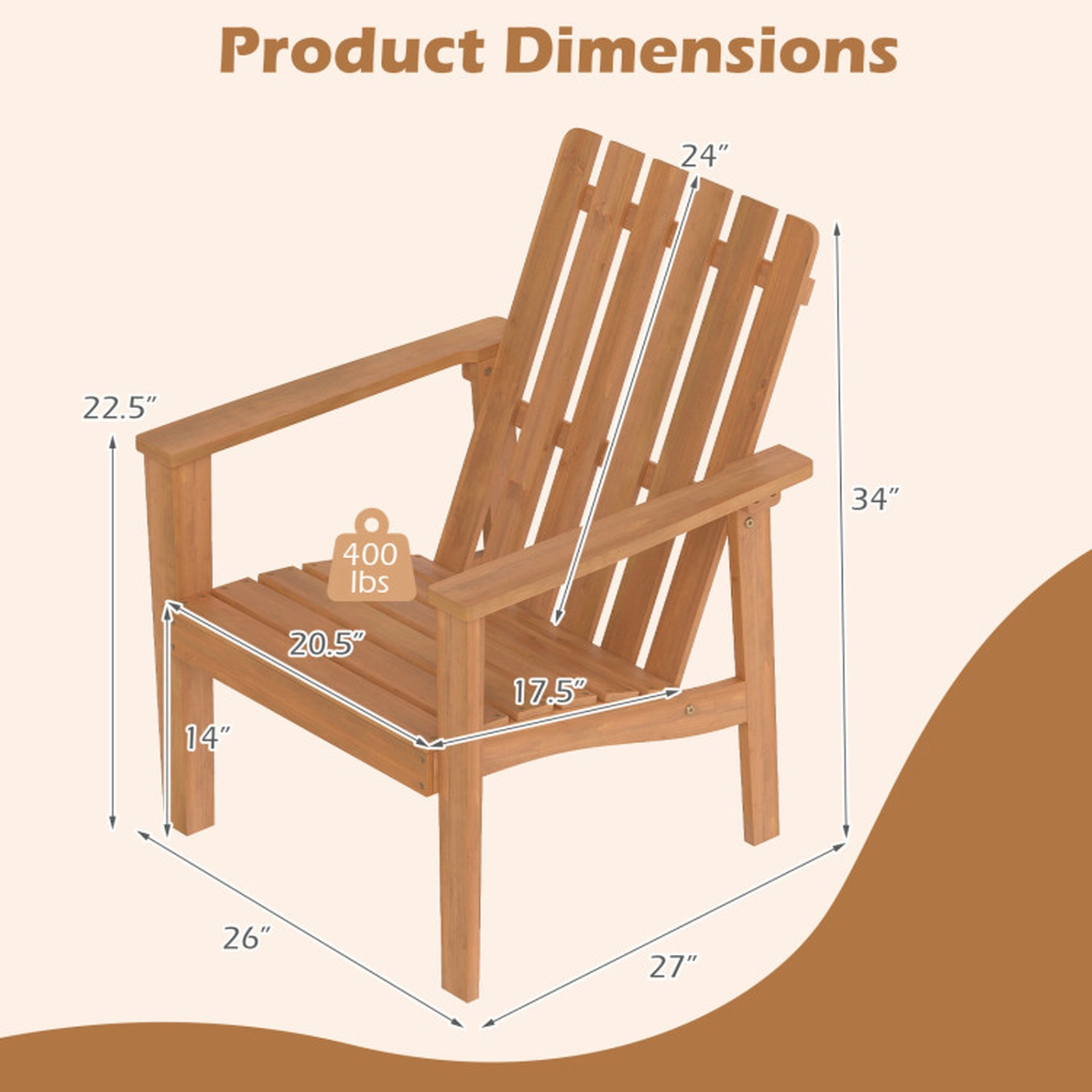 SUGIFT Natural Acacia Wood Adirondack Chair with Angled Backrest