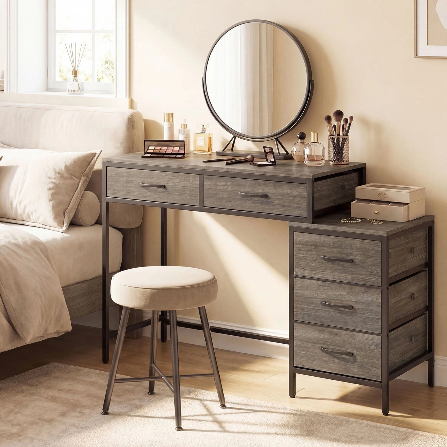 SlickBlue Computer Desk with 5 Drawers and Printer Stand