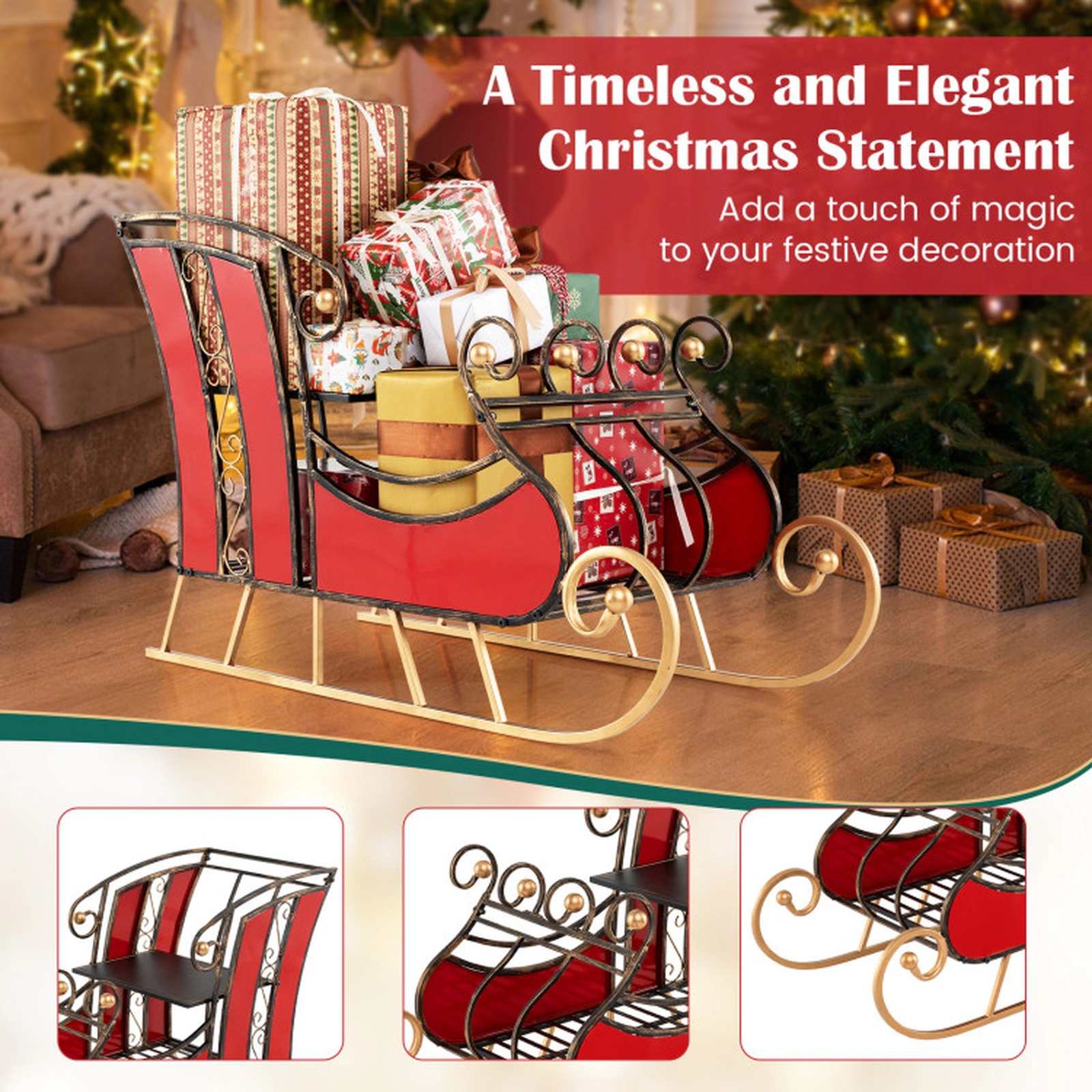 SUGIFT 3-Ft Red Metal Christmas Sleigh Decor with 2-Tier Storage Shelf 37-in W 16-in D 23-in H 22-lb Per Tier