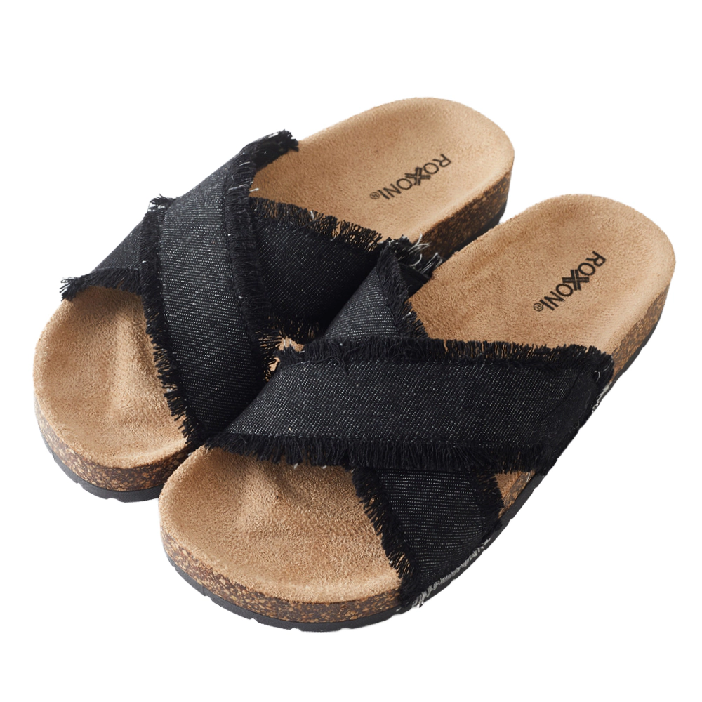 Roxoni Women’s Cross Strap Denim Slide Sandals with Cork Footbed Open Toe Slippers