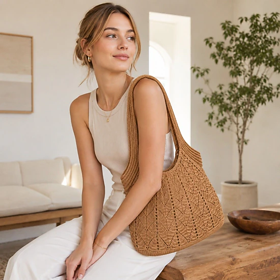Alilang Women's Crochet Tote Bag Lightweight Shoulder Bag with Openwork Knit Texture