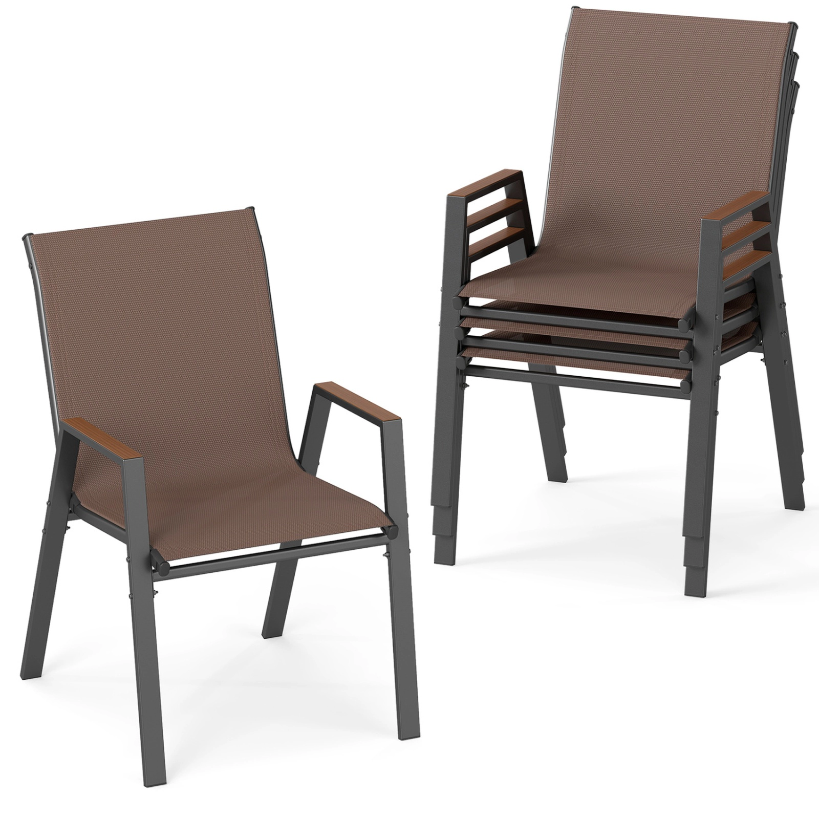 SUGIFT Set of 4 Stackable Patio Sling Chairs with High Backs 400-lb Capacity 22 x 26 x 35 in Brown/Black