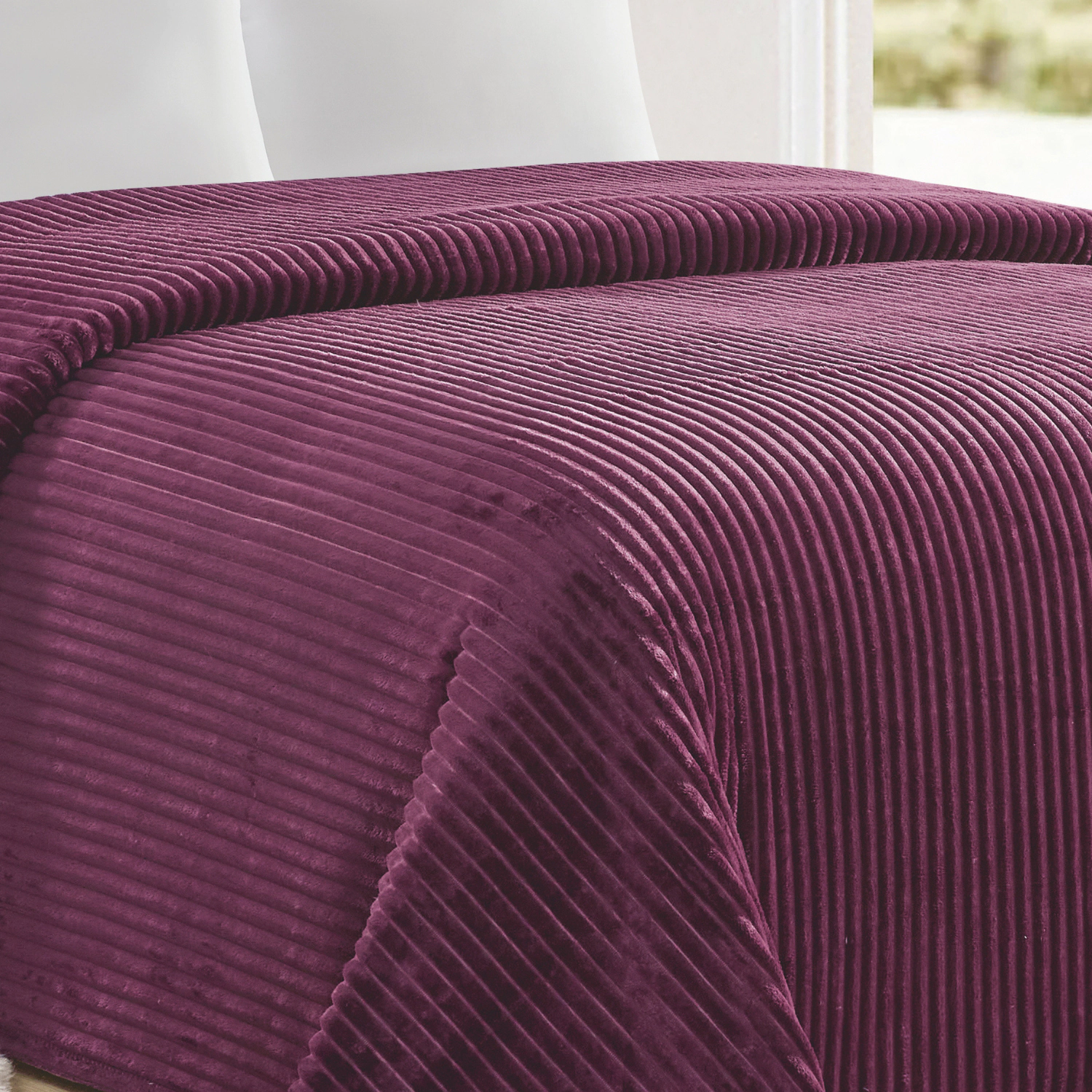 Plazatex Striata Lined Oversized All Season 100% Polyester Blanket Queen 90" x 90" Plum
