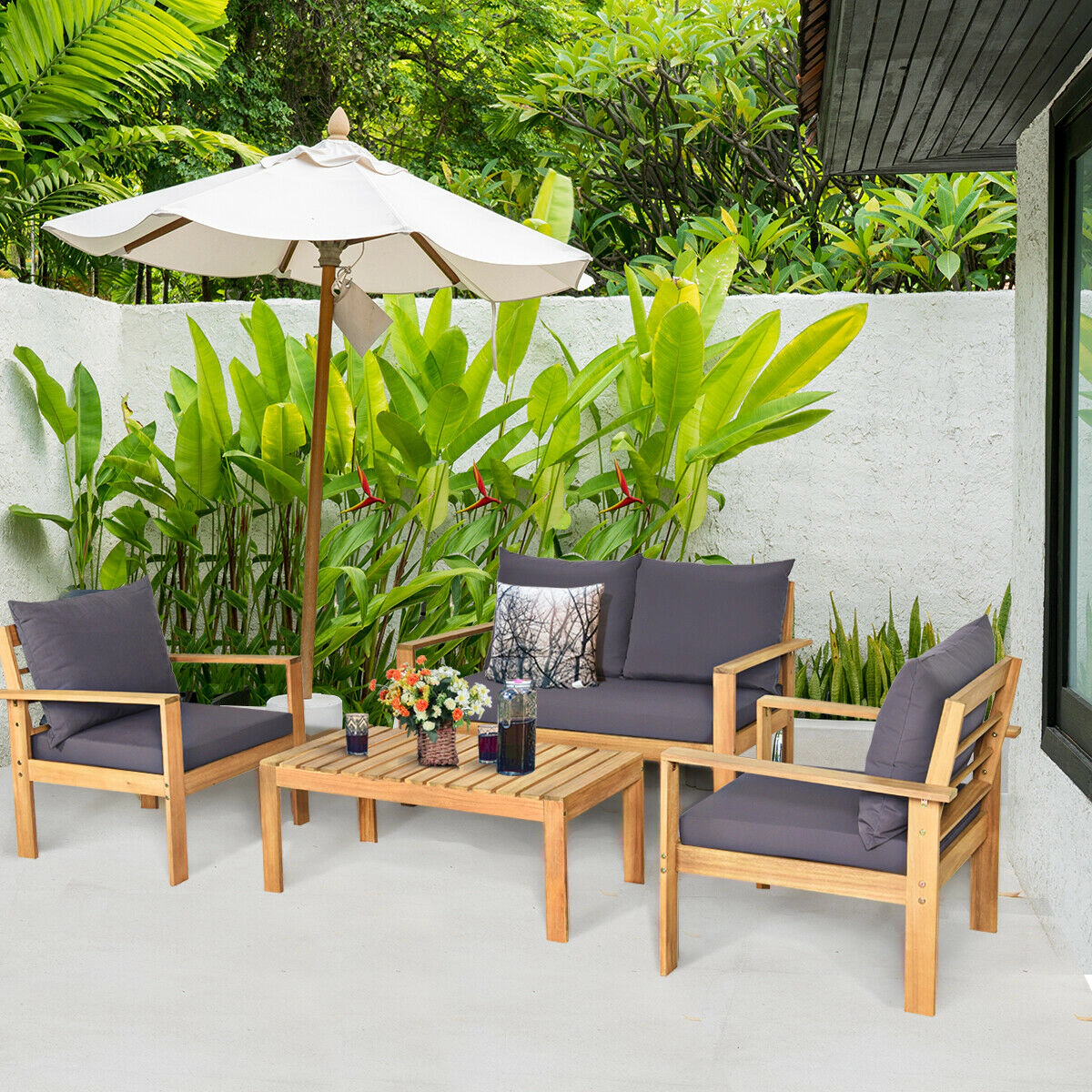 LJG 4 Pieces Patio Acacia Wood Thick Cushion Loveseat Sofa Set
