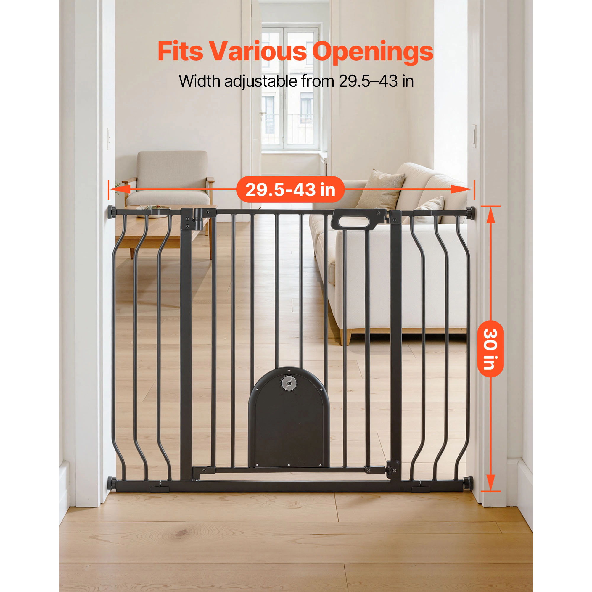 HONGGE Baby Gate for Stairs 29.5-43 in Adjustable Width Baby Gate with Adjustable Cat Door with Pressure Mount Kit and