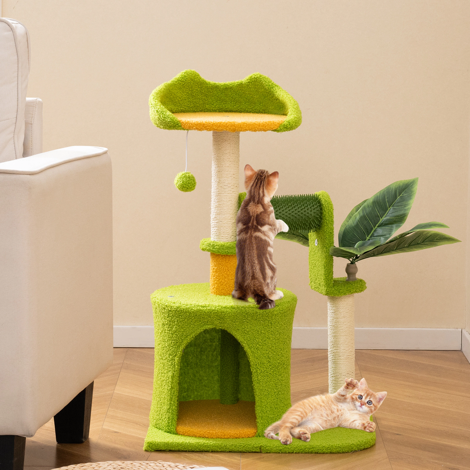 SUGIFT Green Palm Cat Tree for Indoor Cats with Artificial Leaves and Self-Groomer