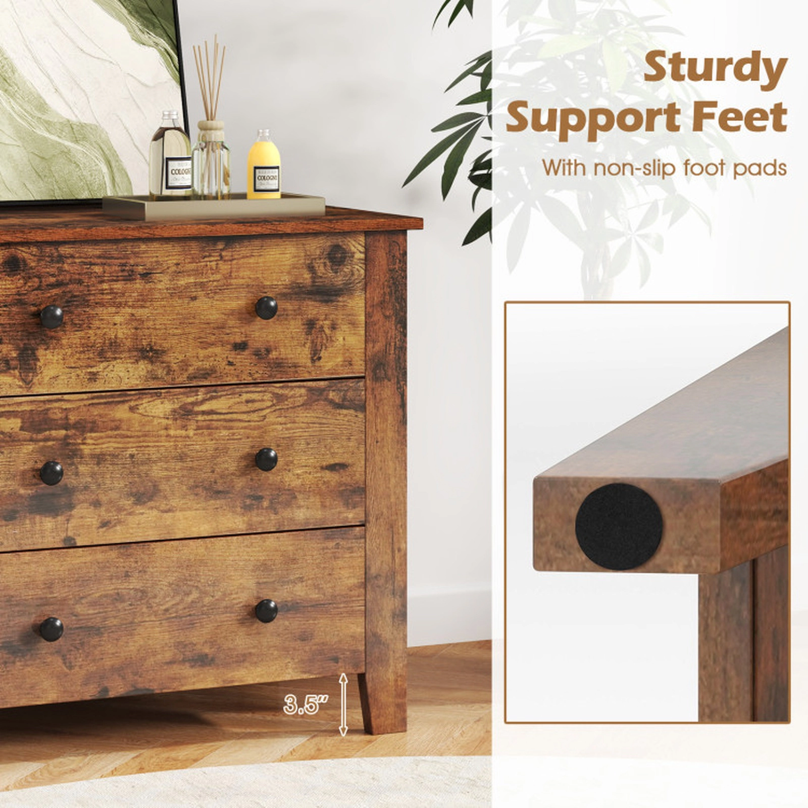 SUGIFT 3-Drawer MDF Dresser Chest of Drawers 28 x 18 x 26 in 220-Lb Capacity Bedside Table Rustic Brown