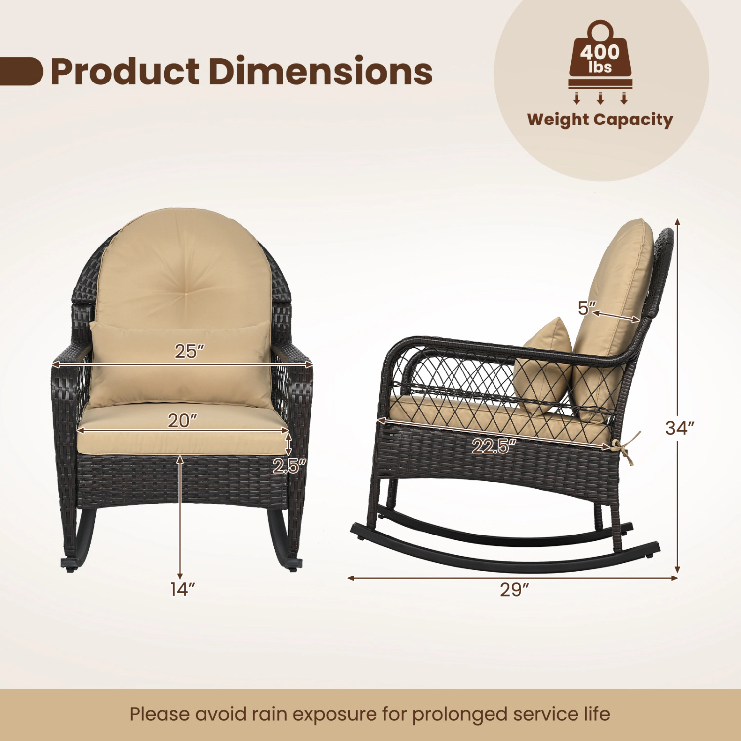 LJG Outdoor Wicker Rocking Chair with Anti-Tip Stoppers 400 LBS for Porch Deck