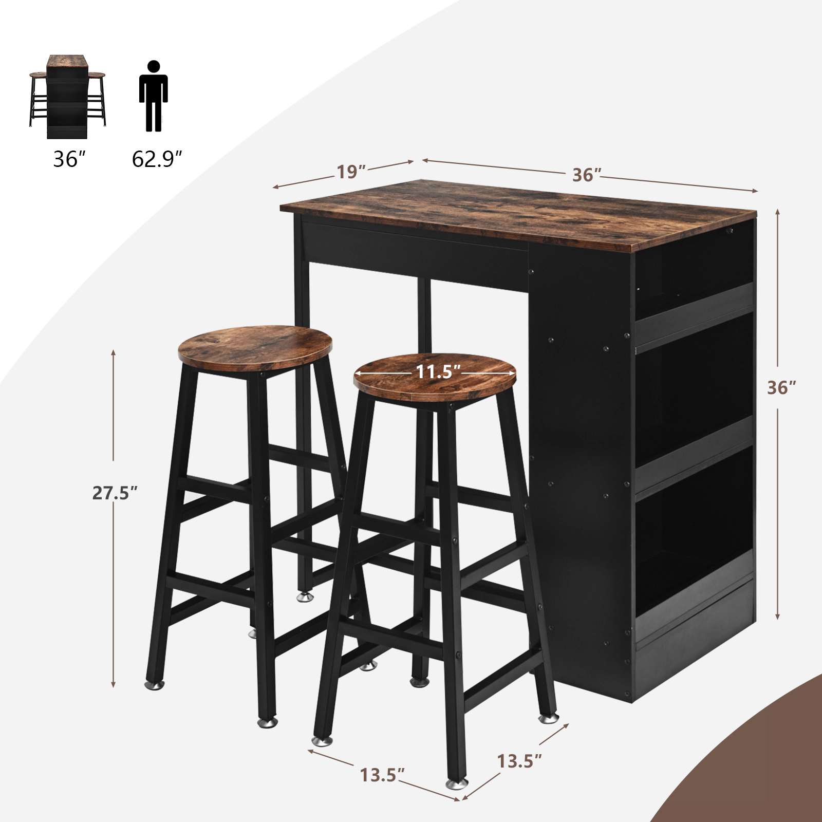 SUGIFT 3-Tier Storage Bar Dining Set with Table and Chairs 132-lb Table Capacity 64-lb Net Weight As Picture Shows