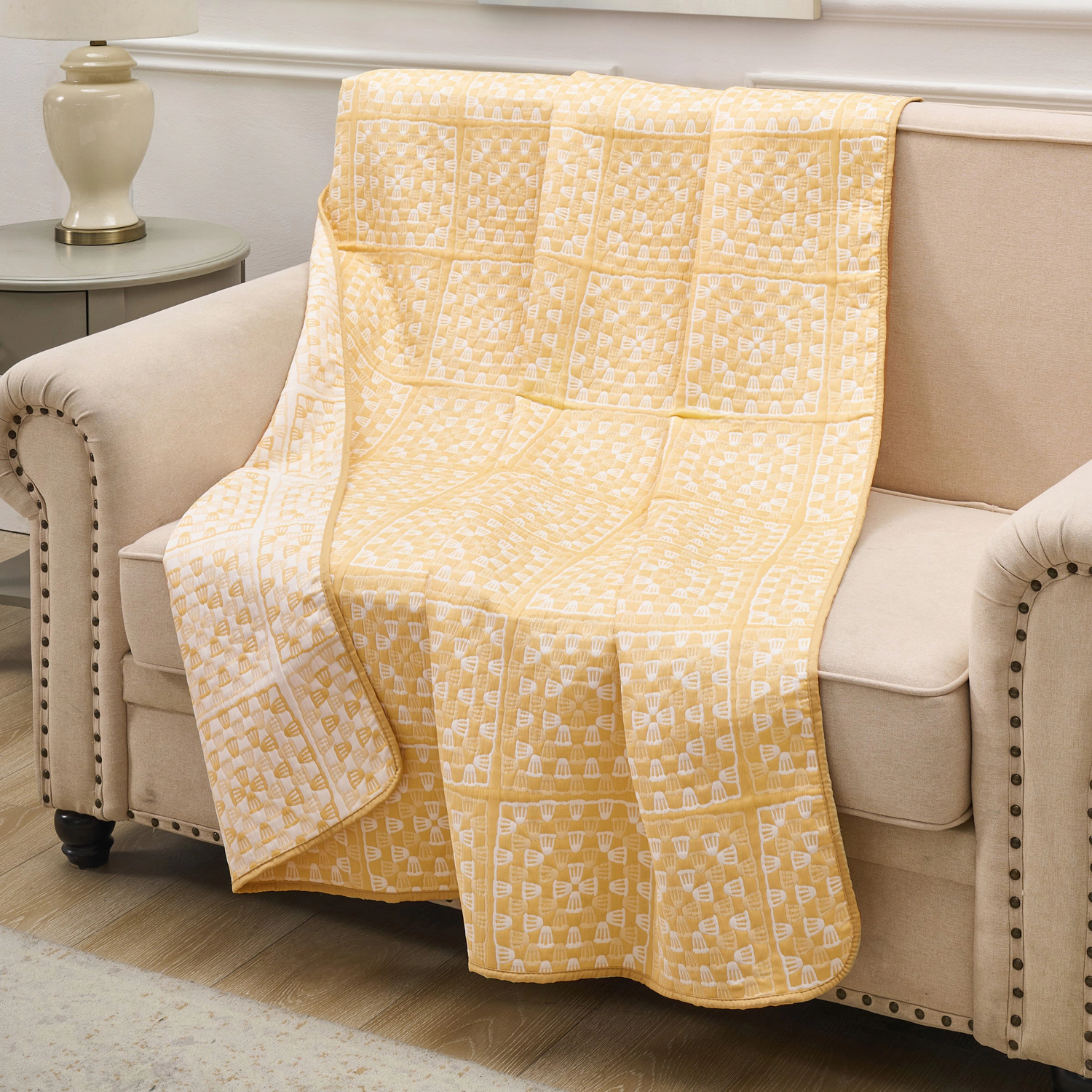Greenland Home Fashion Granny Squares 100% Polyester Reversible Accessory Throw Blanket 50" x 60" Gold