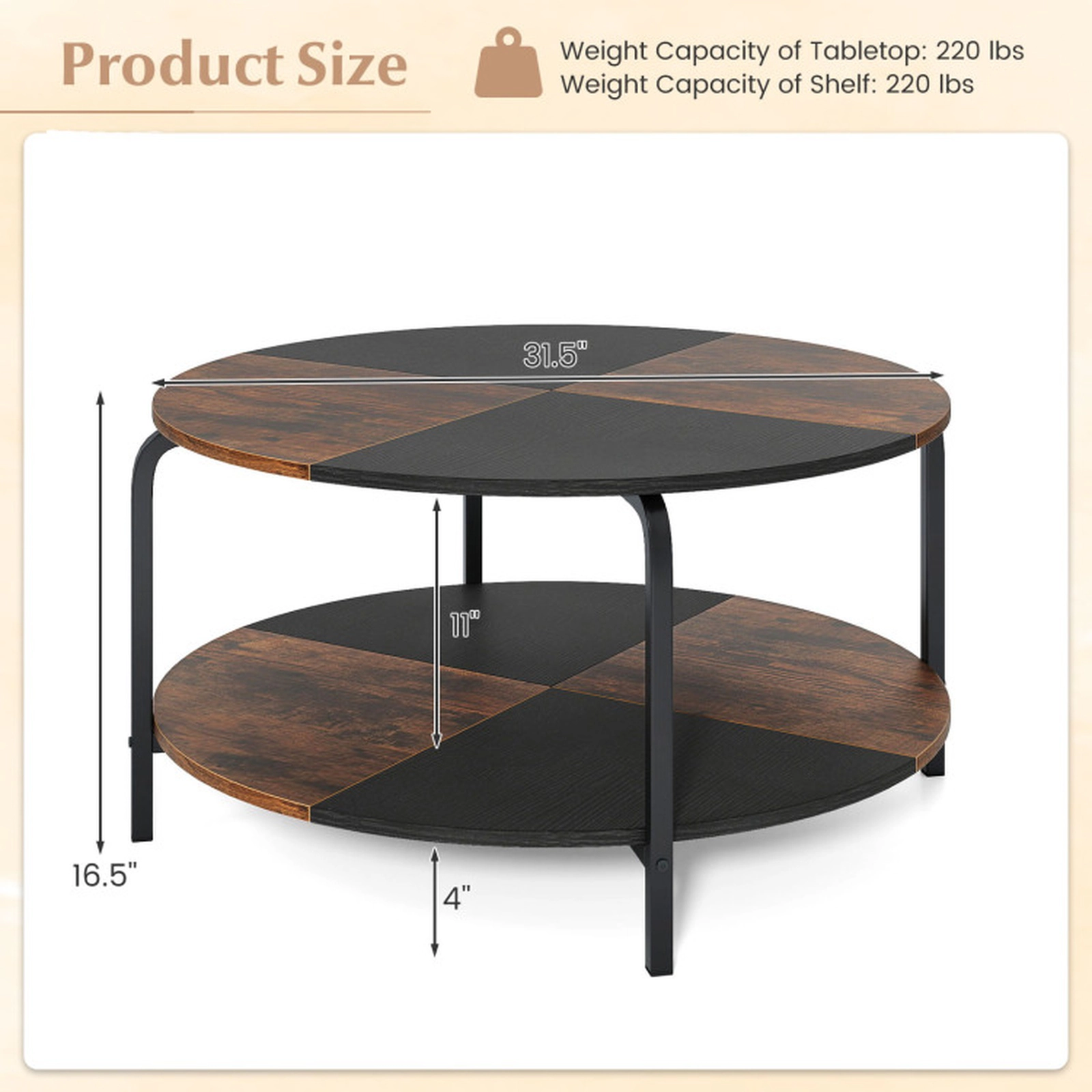 SUGIFT 2-Tier Round Coffee Table with Split-Color Top 220-lb Tabletop Capacity Rustic Brown & Black