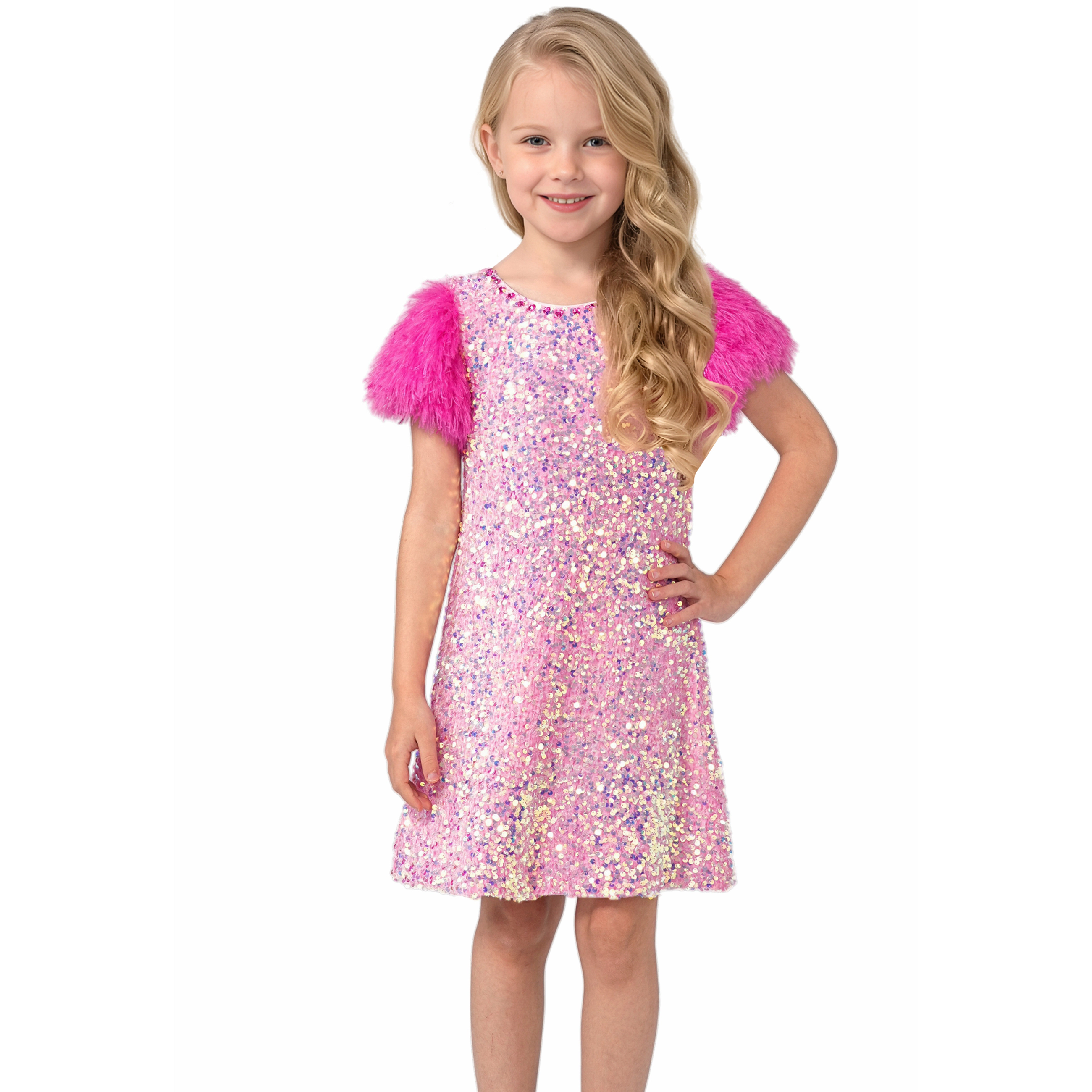 2Bunnies Girls' Sequin Faux-Feather Sleeve Dress with Rhinestone Neckline