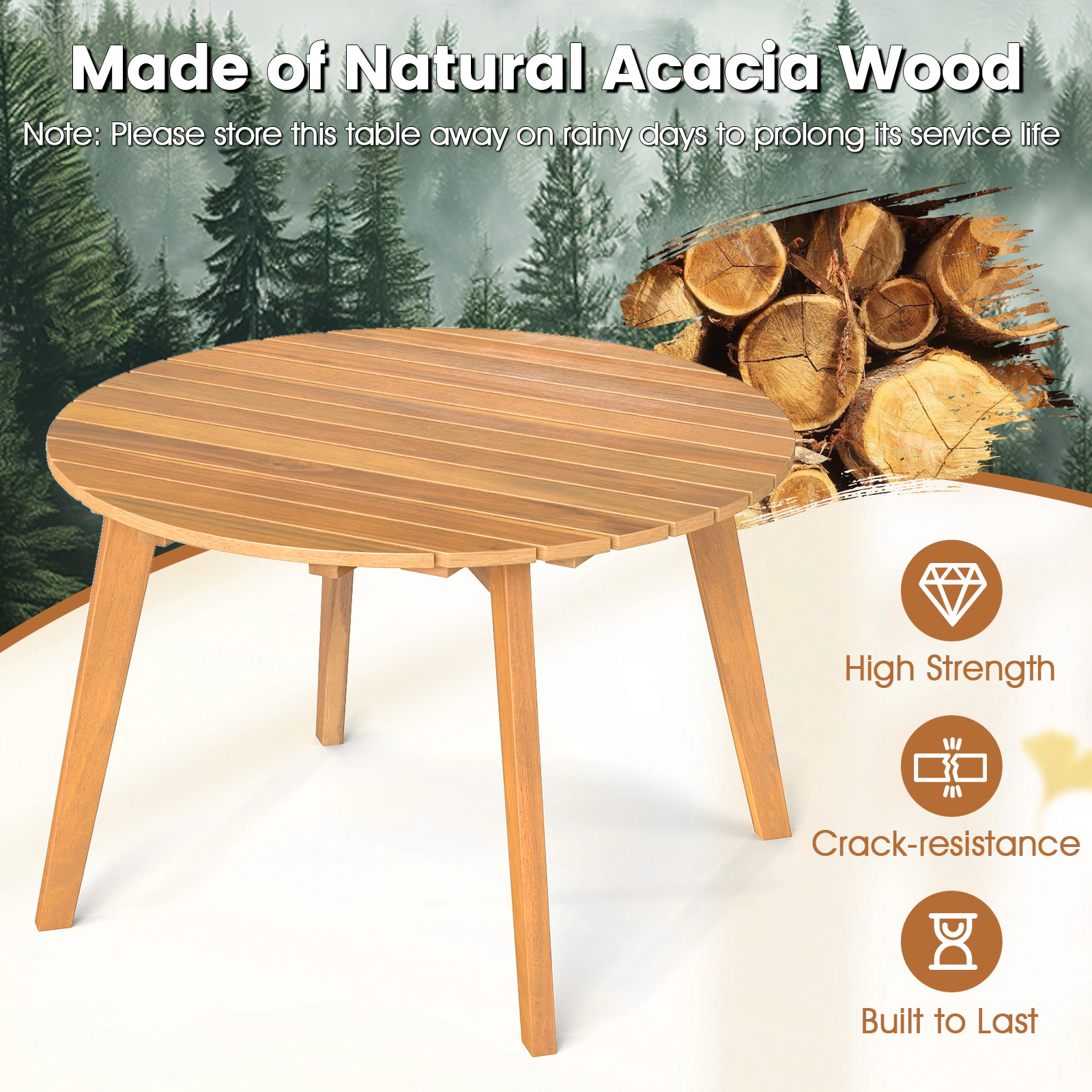 SUGIFT 24.5 in Slatted Tabletop Natural Round Outdoor Acacia Wood Side Table