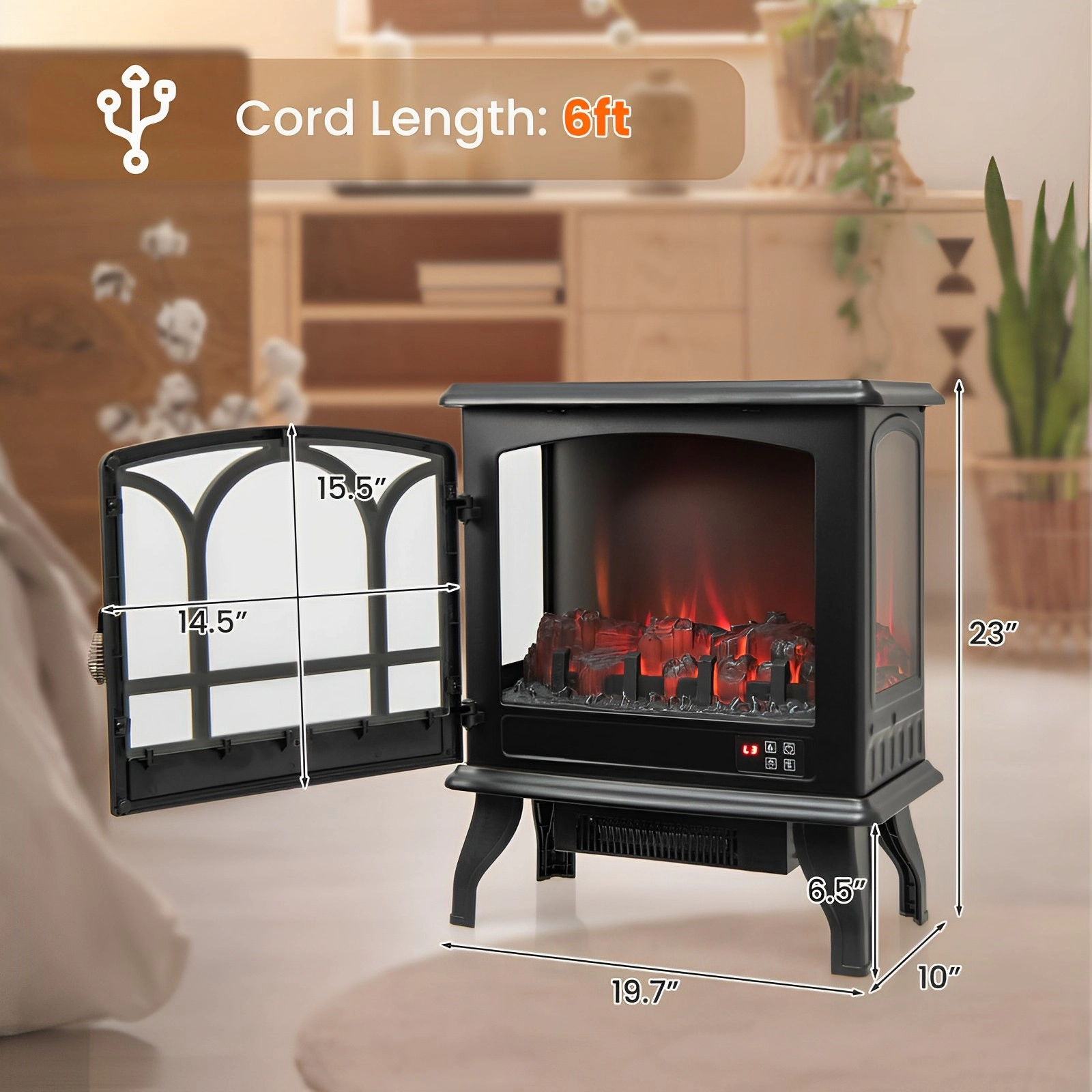 SUGIFT 1400W Freestanding Electric Fireplace Stove, 5000 BTU, 3-Sided Panoramic Flame View