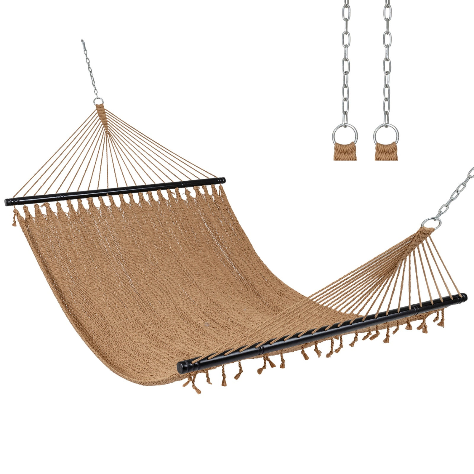 SUGIFT Caribbean Hammock with Hardwood Spreader Bar 600-lb Capacity Brown/Sand Khaki