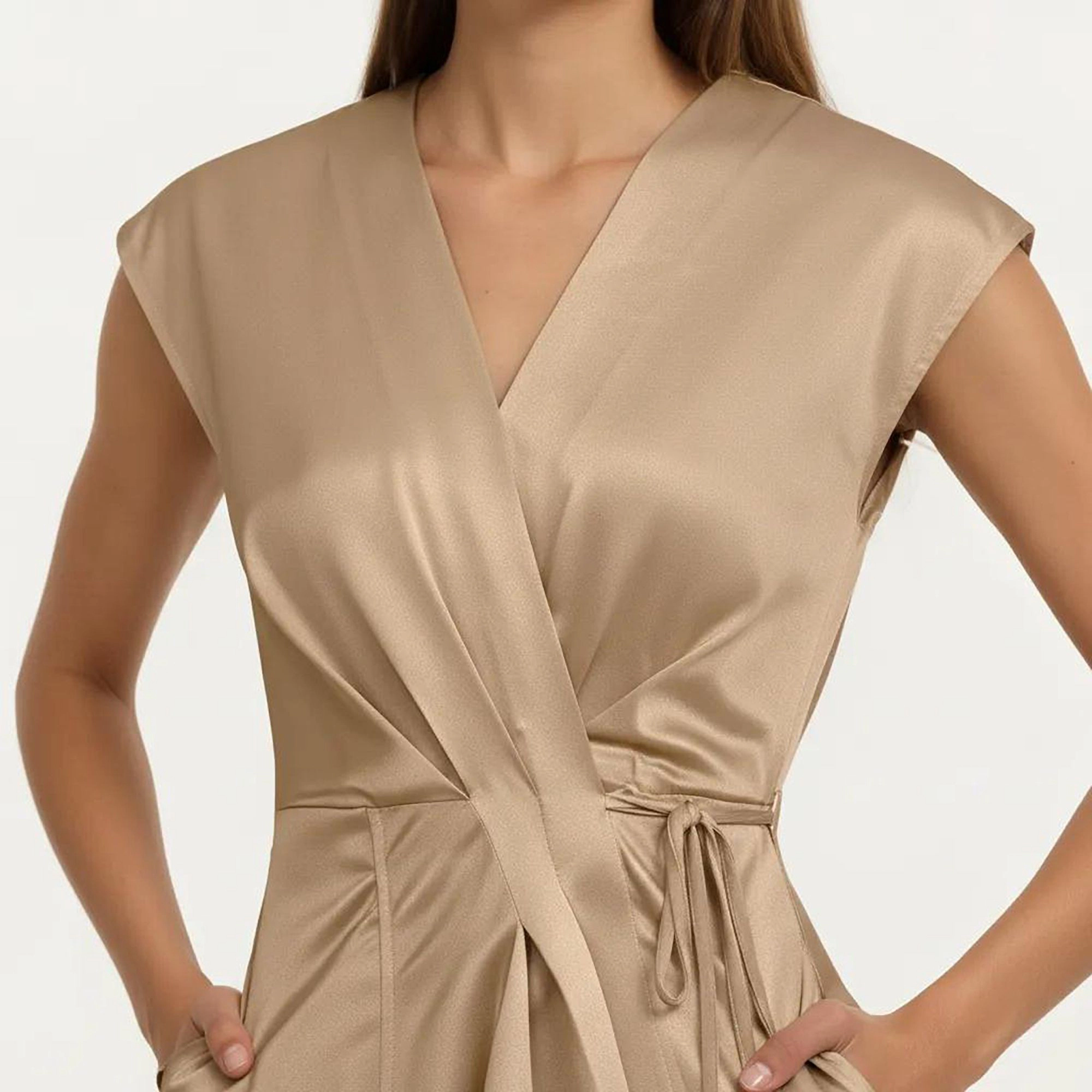 Anna-Kaci Women's Cap Sleeve Wrap V Neck Adjustable Side Tie Fluid Draped Skirt Midi Dress