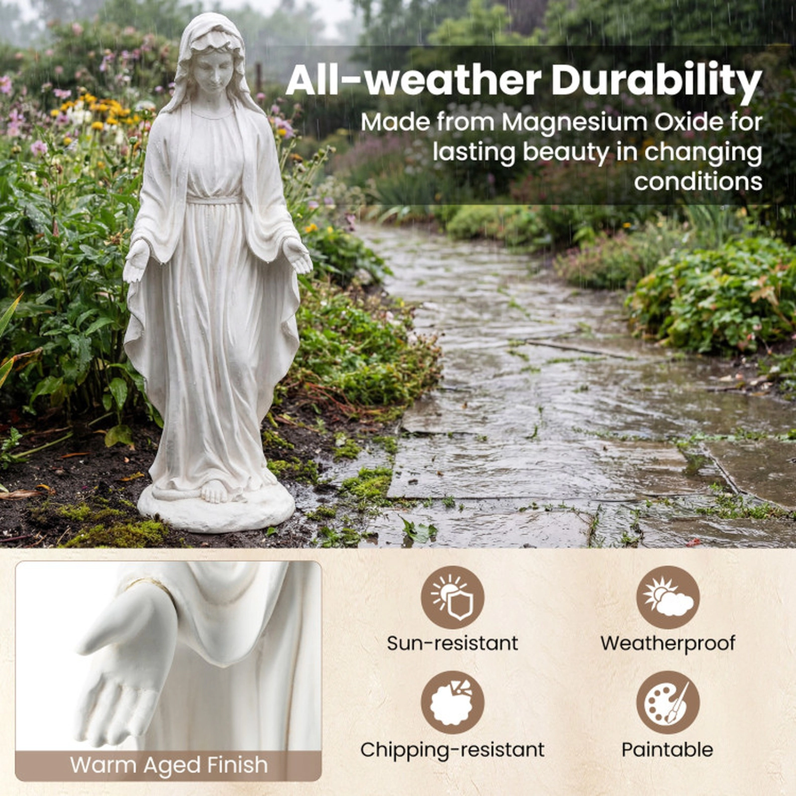 SUGIFT 29.5-in Tall White Aged Finish Magnesium Oxide Virgin Mary Statue Outdoor Religious Sculpture