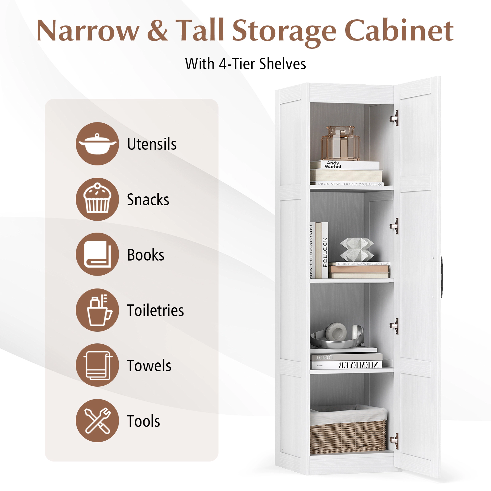 SUGIFT Tall Narrow 4 Shelves Door Freestanding Bathroom Storage Cabinet 16-in x 15-in x 59-in 110-lb Capacity White