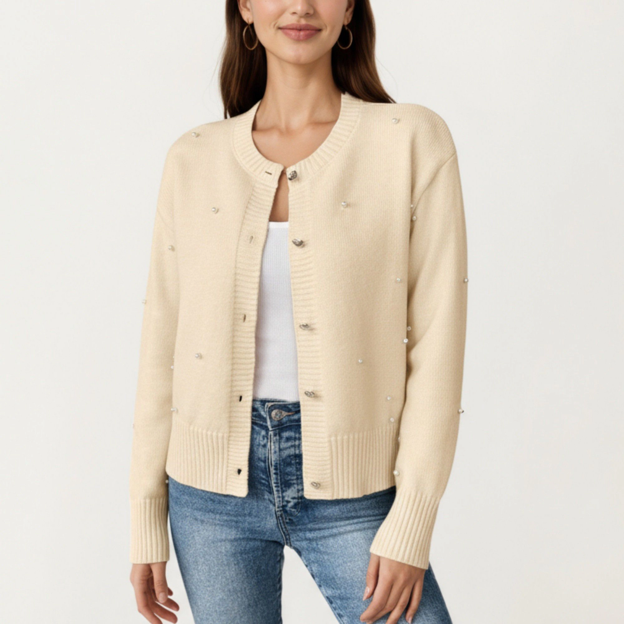 Anna-Kaci Women's Long Sleeve Faux Pearl Embellished Knit Cardigan with Button Front Closure