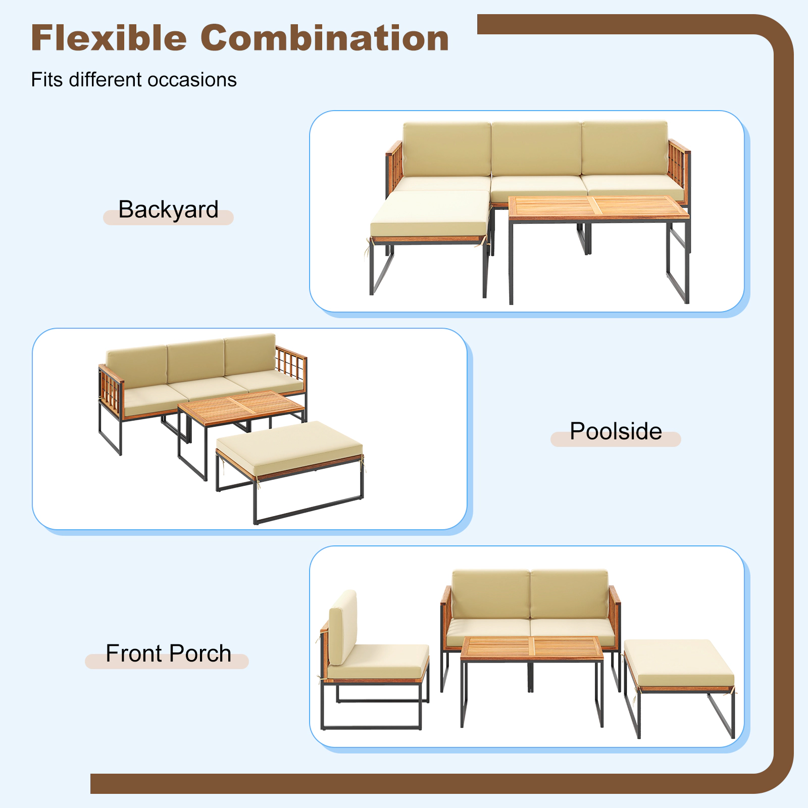 SUGIFT 5-Piece Acacia Wood Patio Sectional Set with Heavy-Duty Metal Frame Cushions and Coffee Table Beige
