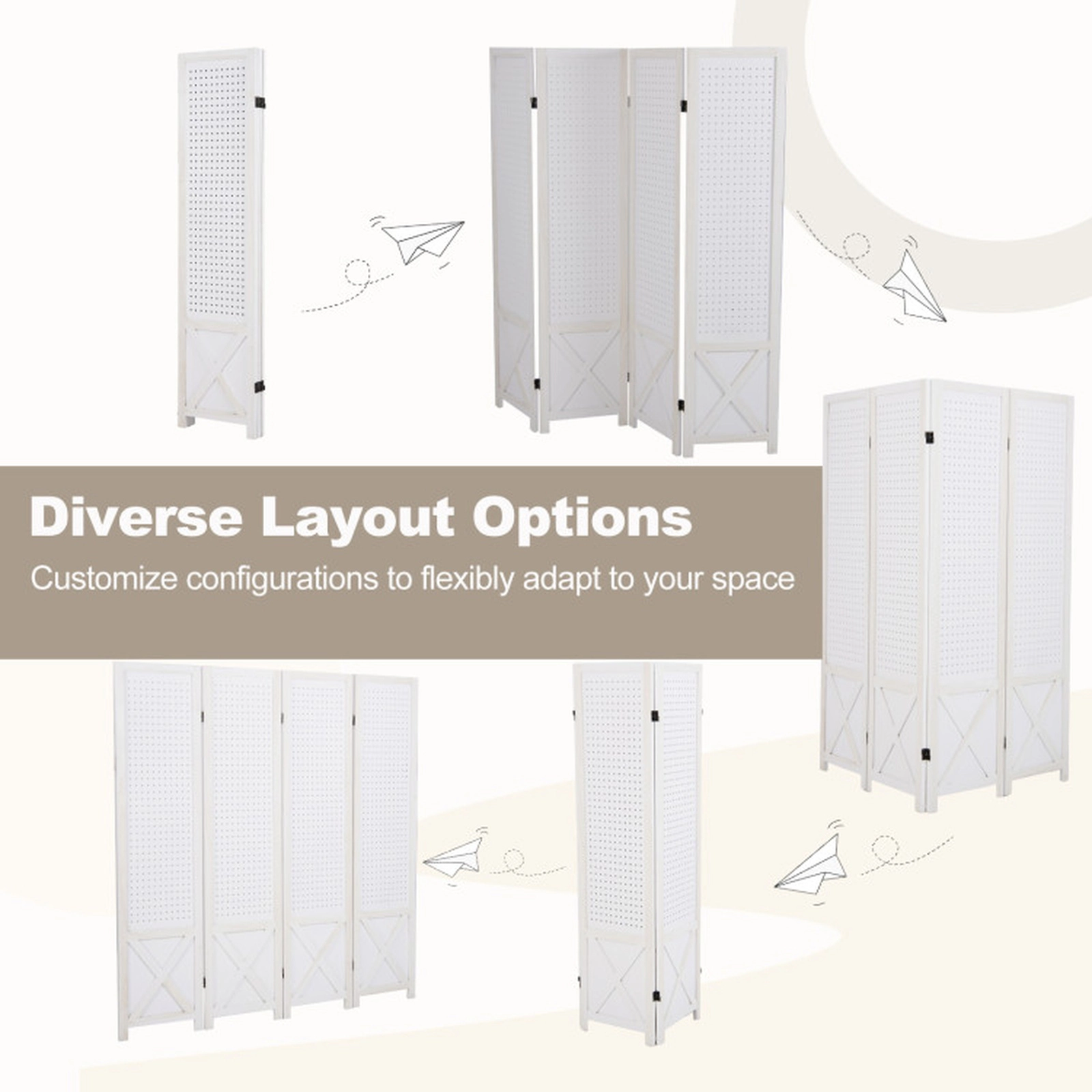 SUGIFT 4-Panel Pegboard Room Divider Shelving Unit 67-in Tall Privacy Screen 64-in Wide White Paulownia Wood MDF