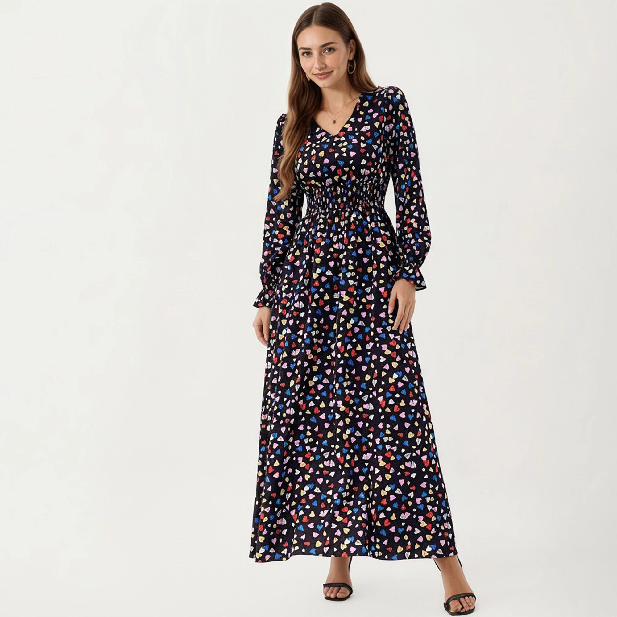 Anna-Kaci Womens Floral V-Neck Long Sleeve Maxi Dress with Ruffle Cuffs