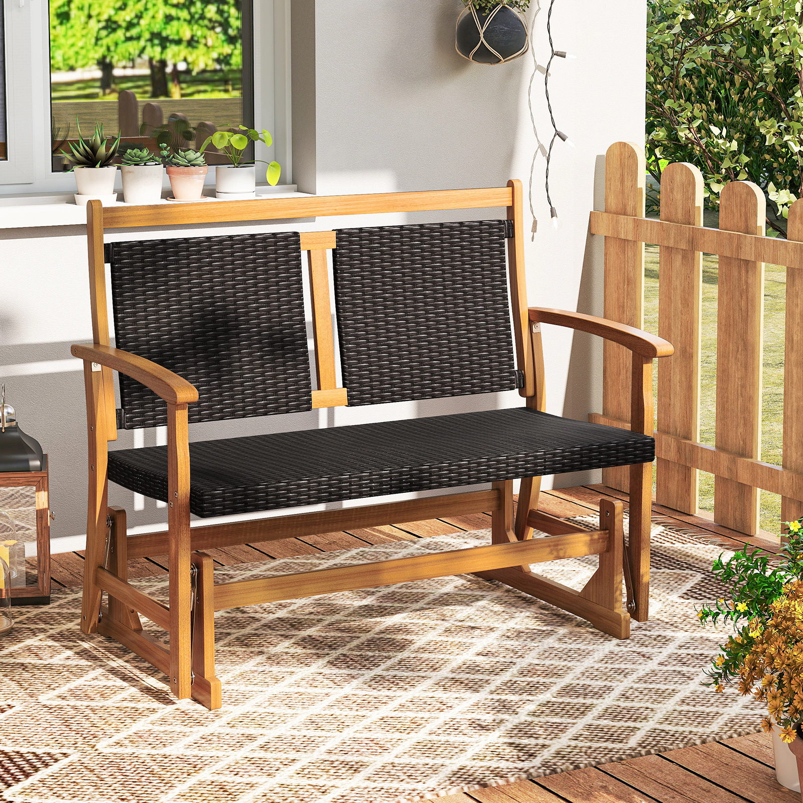 LJG Patio Rattan Glider Chair with Acacia Wood Frame and Wicker Seat Back