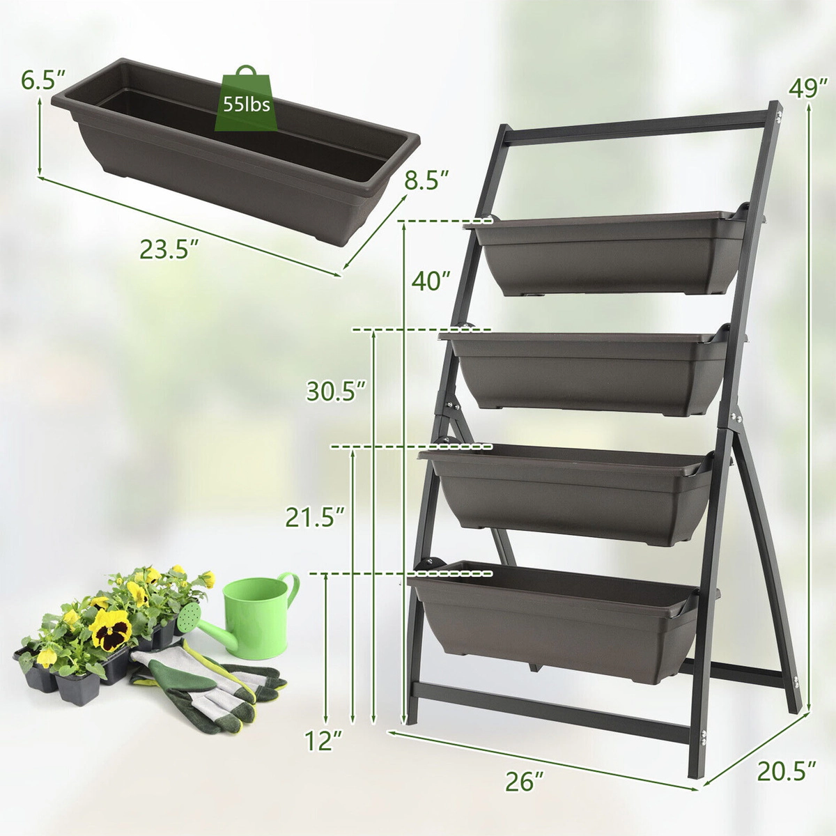SUGIFT 4-Tier Vertical Metal and Plastic Raised Garden Bed with 4 Removable Planter Boxes and Drainage Holes