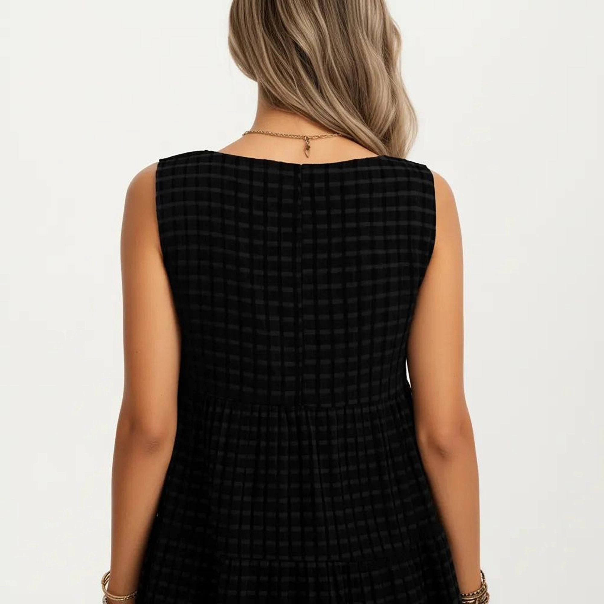 Anna-Kaci Women's Sleeveless Tiered Textured Check Pattern Round Neck A-Line Mini Dress