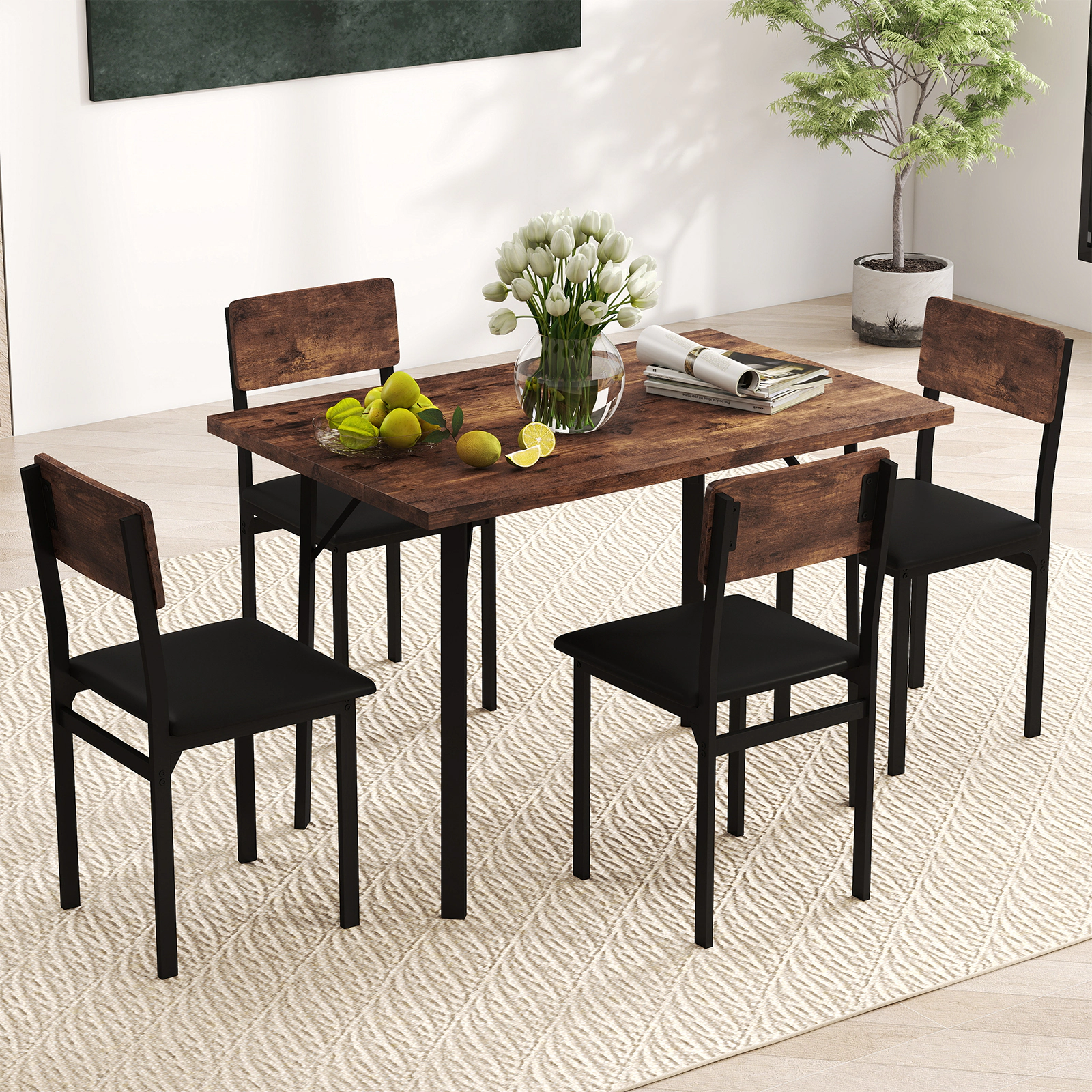 LJG 5-Piece Dining Table Set for 4 People Industrial Kitchen Table and 4 PU Leather Chairs