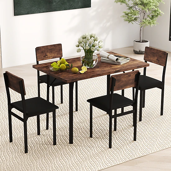LJG 5-Piece Dining Table Set for 4 People Industrial Kitchen Table and 4 PU Leather Chairs