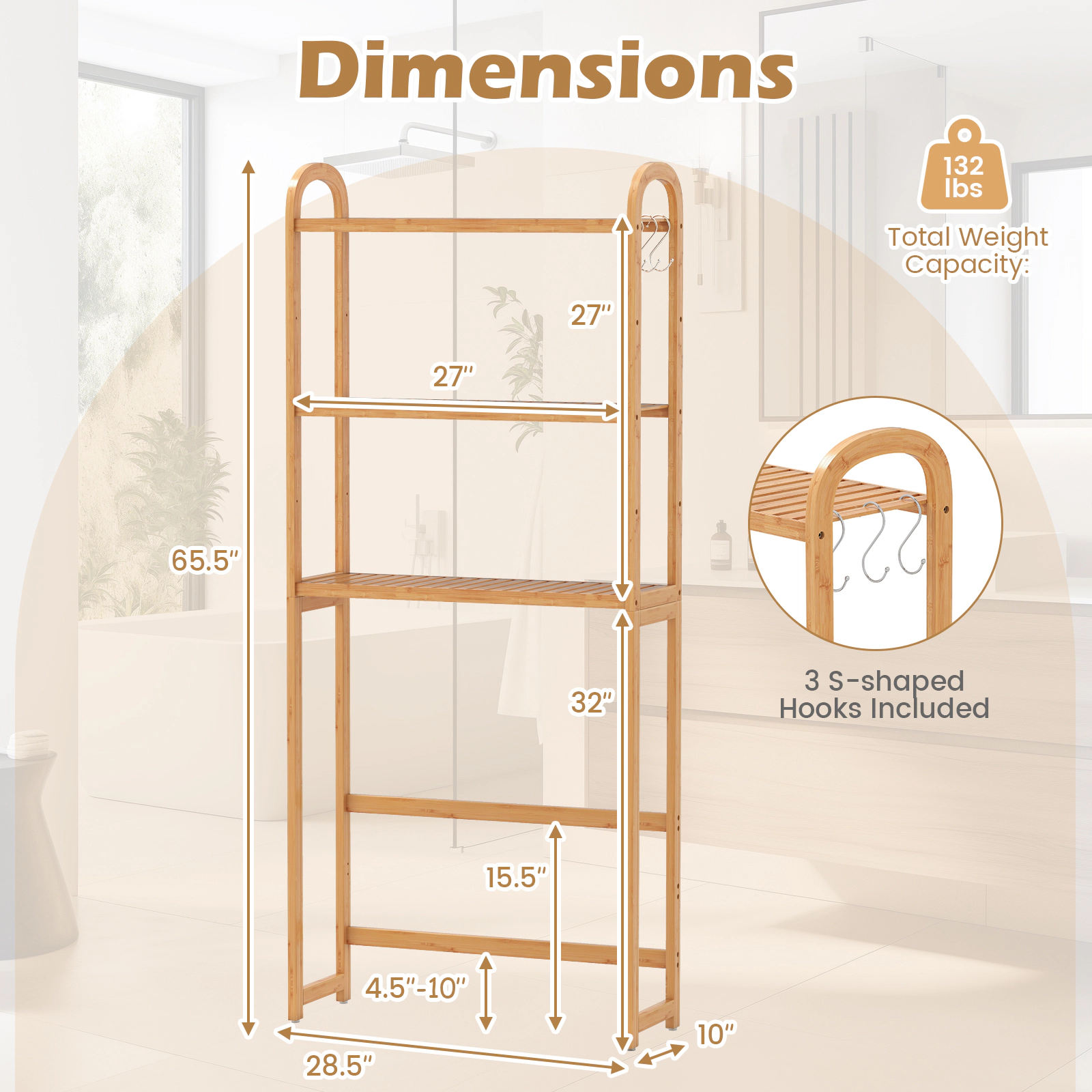 SlickBlue Over the Toilet Storage Rack 3 Tier Wicker Bathroom Shelf with Hooks 65.5 Inch