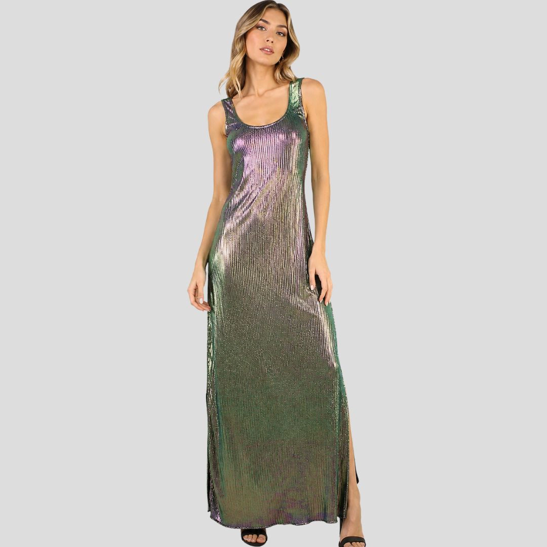 Artyska Side Slit Metallic Pleated Sleeveless Party Long Dress
