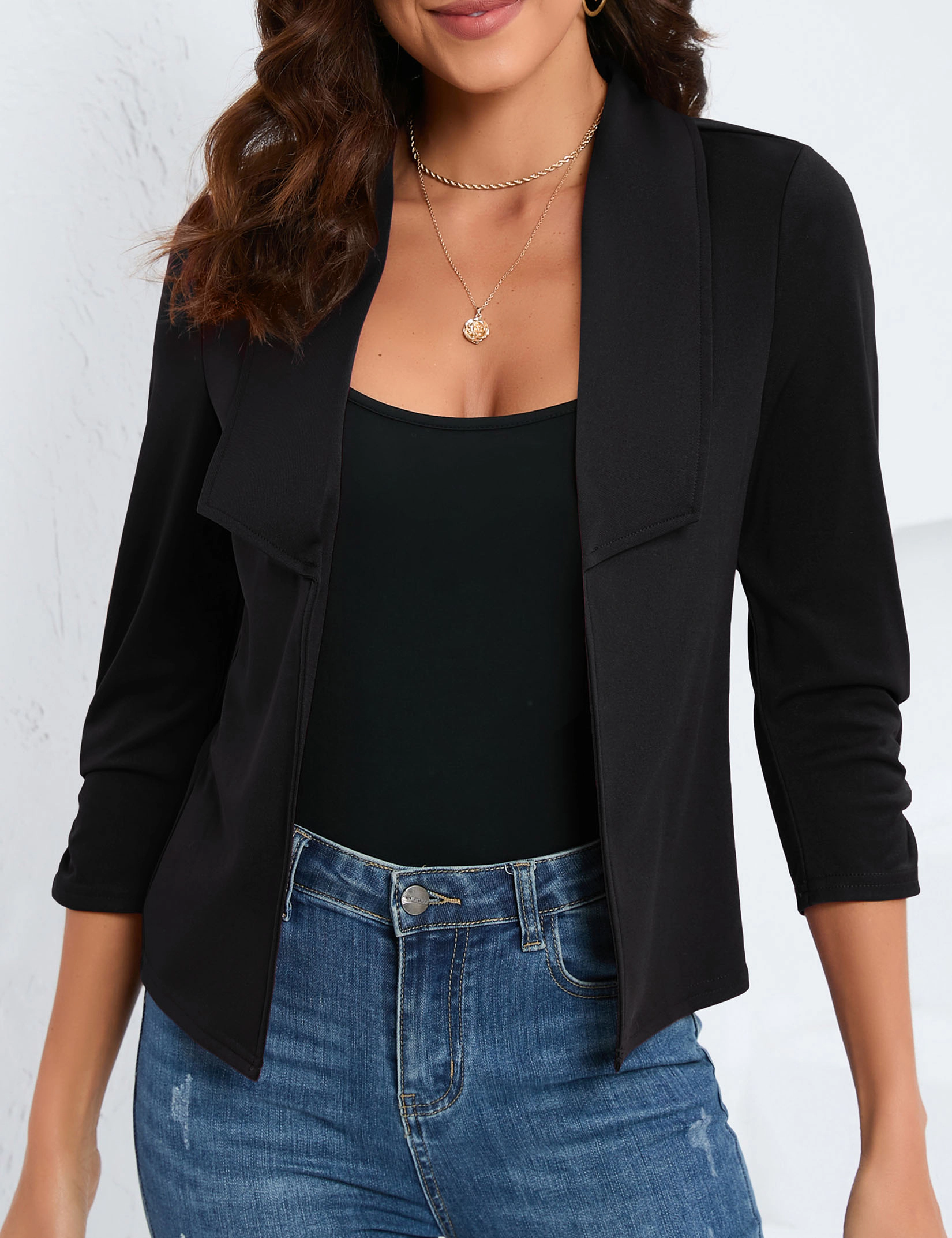 KOJOOIN Women's 3/4 Ruched Sleeve Open Front Blazer Casual Work Suit Cropped Jacket