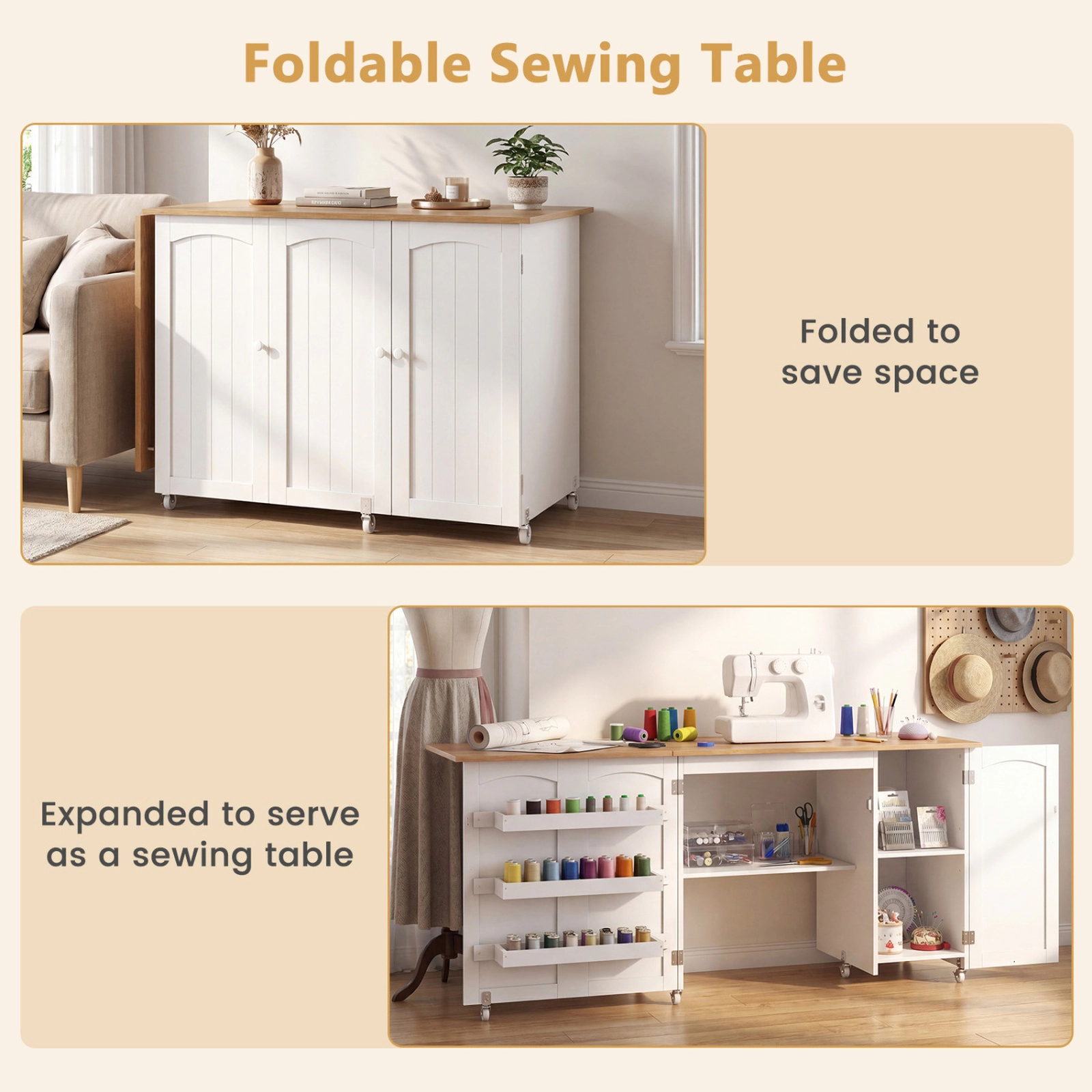SUGIFT Folding Large Sewing Table Desk with Storage Shelves and Lockable Casters White Natural