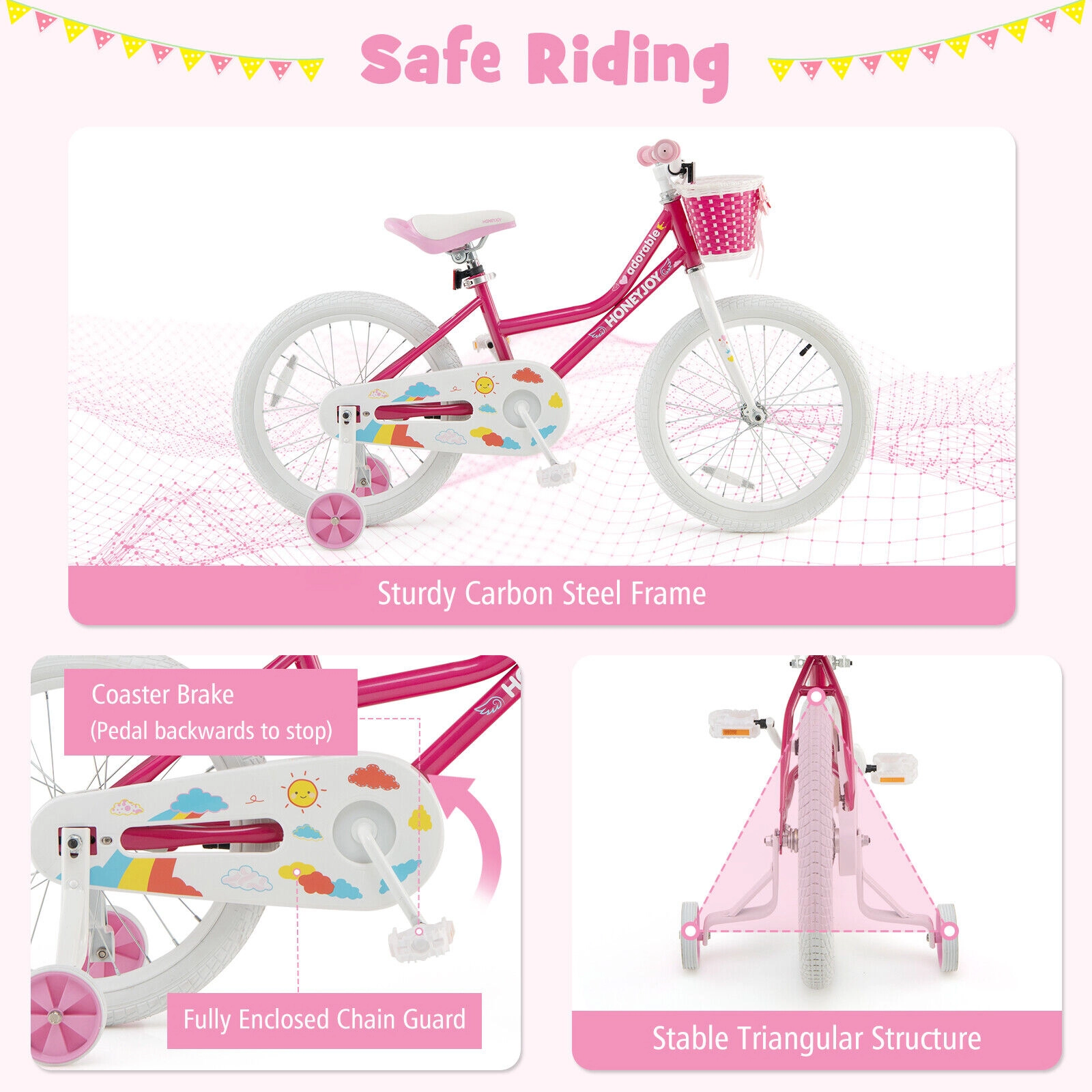 SUGIFT Adjustable 18-in Kids Bicycle Training Wheels 110-lb Capacity Ages 6-8 Pink with Basket & Enclosed Chain Guard