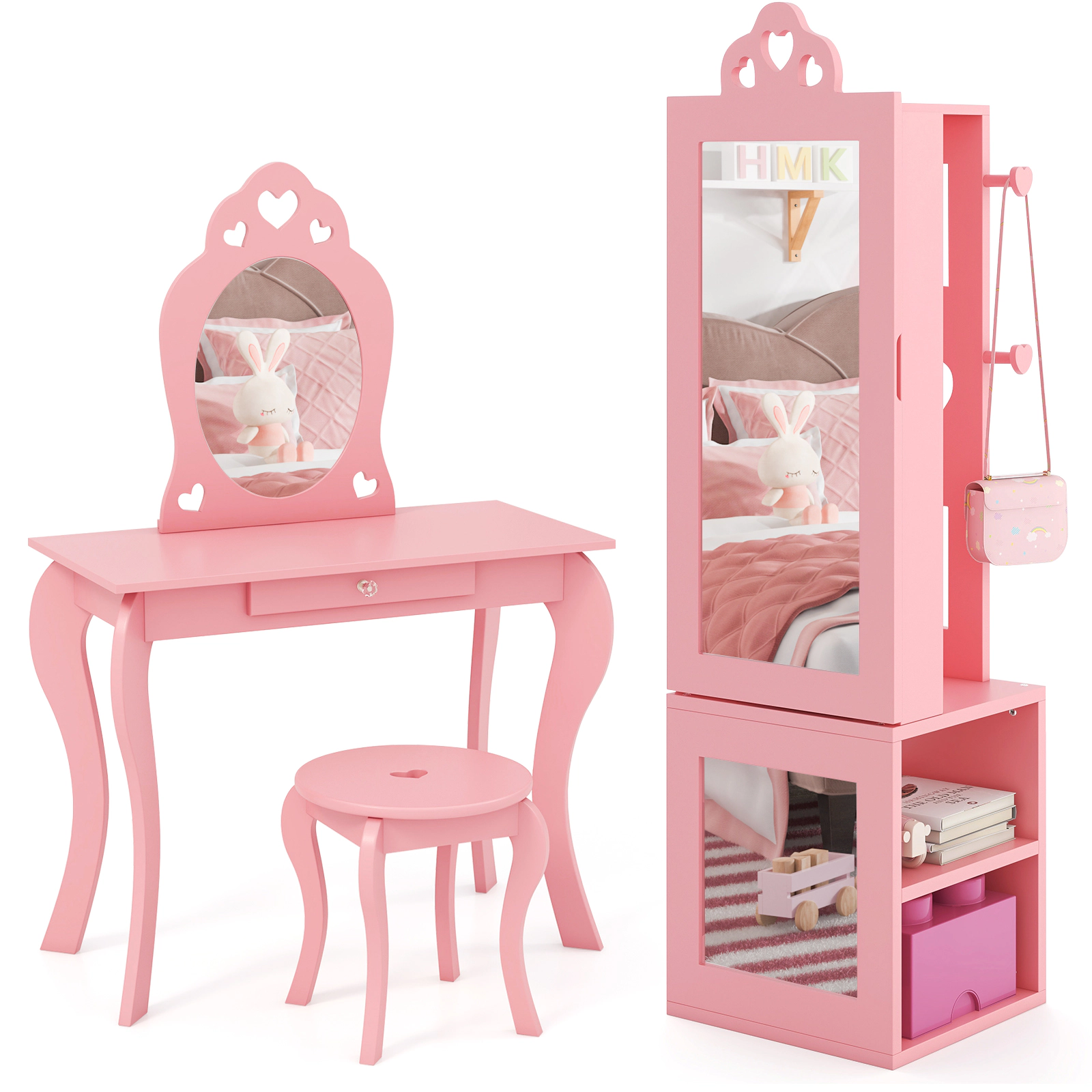SUGIFT Freestanding Jewelry Armoire and Full-Length Mirror Kids Vanity Table Stool Set