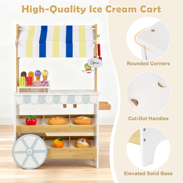 Hivvago Wooden Ice Cream Cart for Kids 2-in-1 Grocery Store Playset with Display Shelves