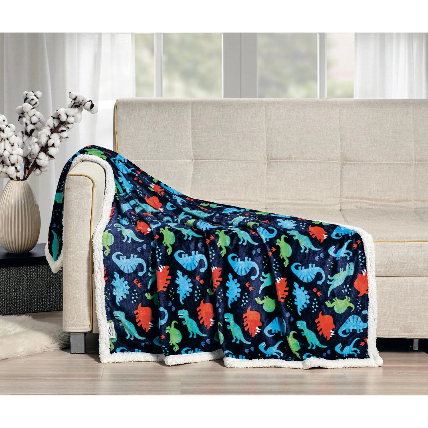 Navy Dino Faux Shearling Micro Plush All Season Throw 50" x 60" Multicolor by Plazatex