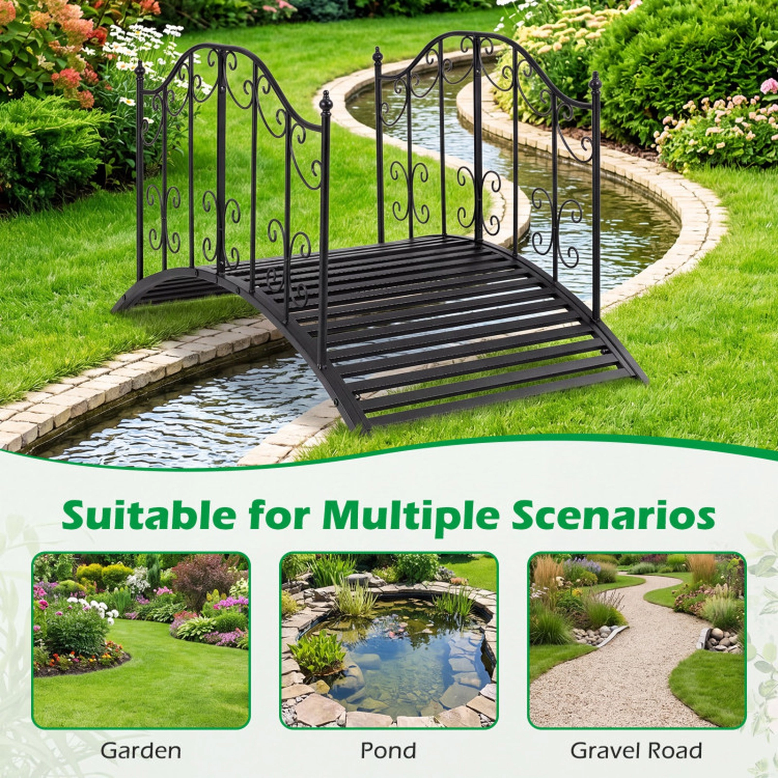SUGIFT 3.9-ft 330-lb Capacity Black Arched Metal Garden Bridge with Dual Patterned Scrollwork Side Rails