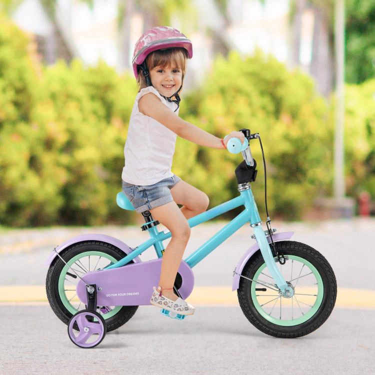 SUGIFT 12-Inch Purple and Blue Kids Bike, Enclosed Chain Guard, Training Wheels