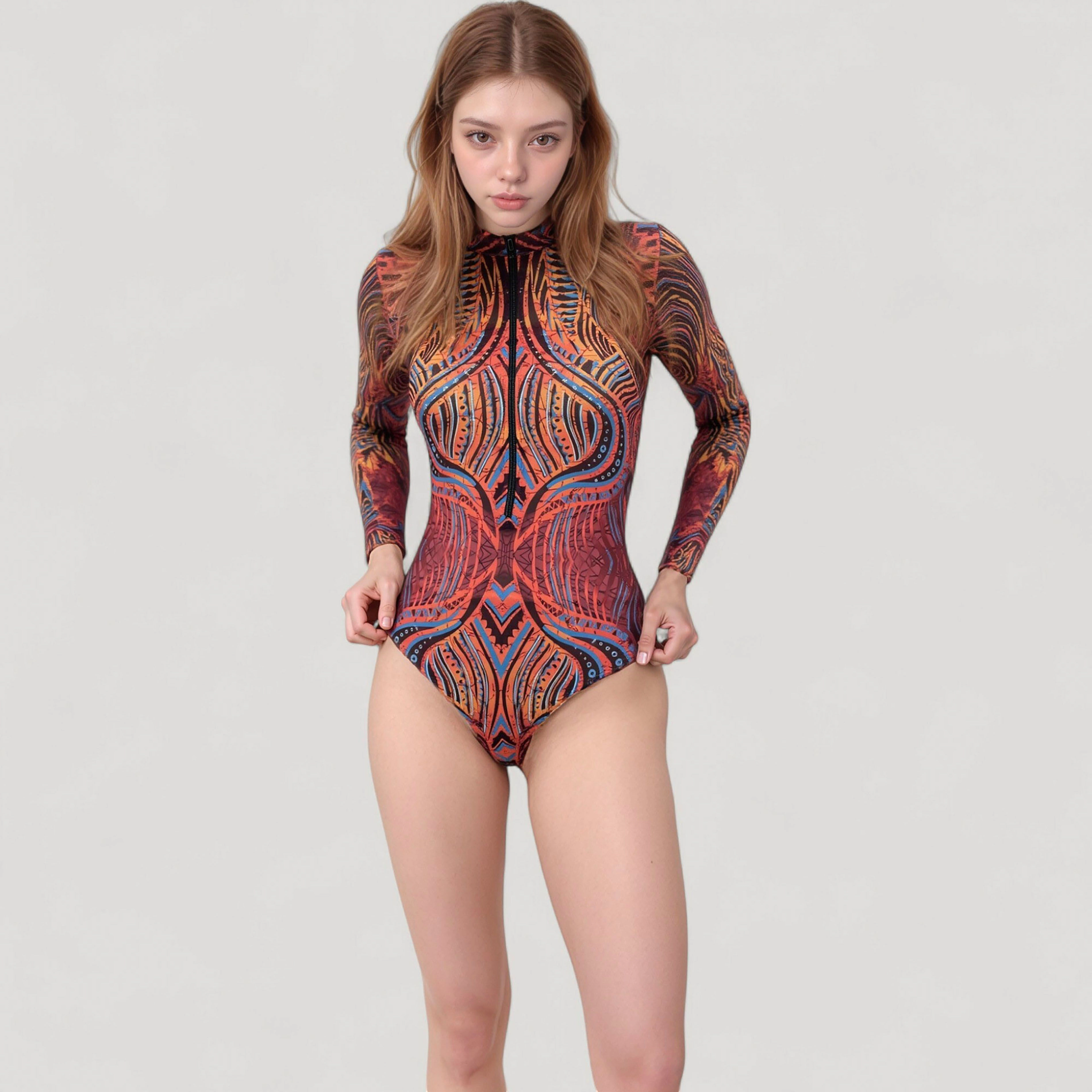 Anna-Kaci Women's Long Sleeve One-Piece Swimsuit with Front Zipper Detail