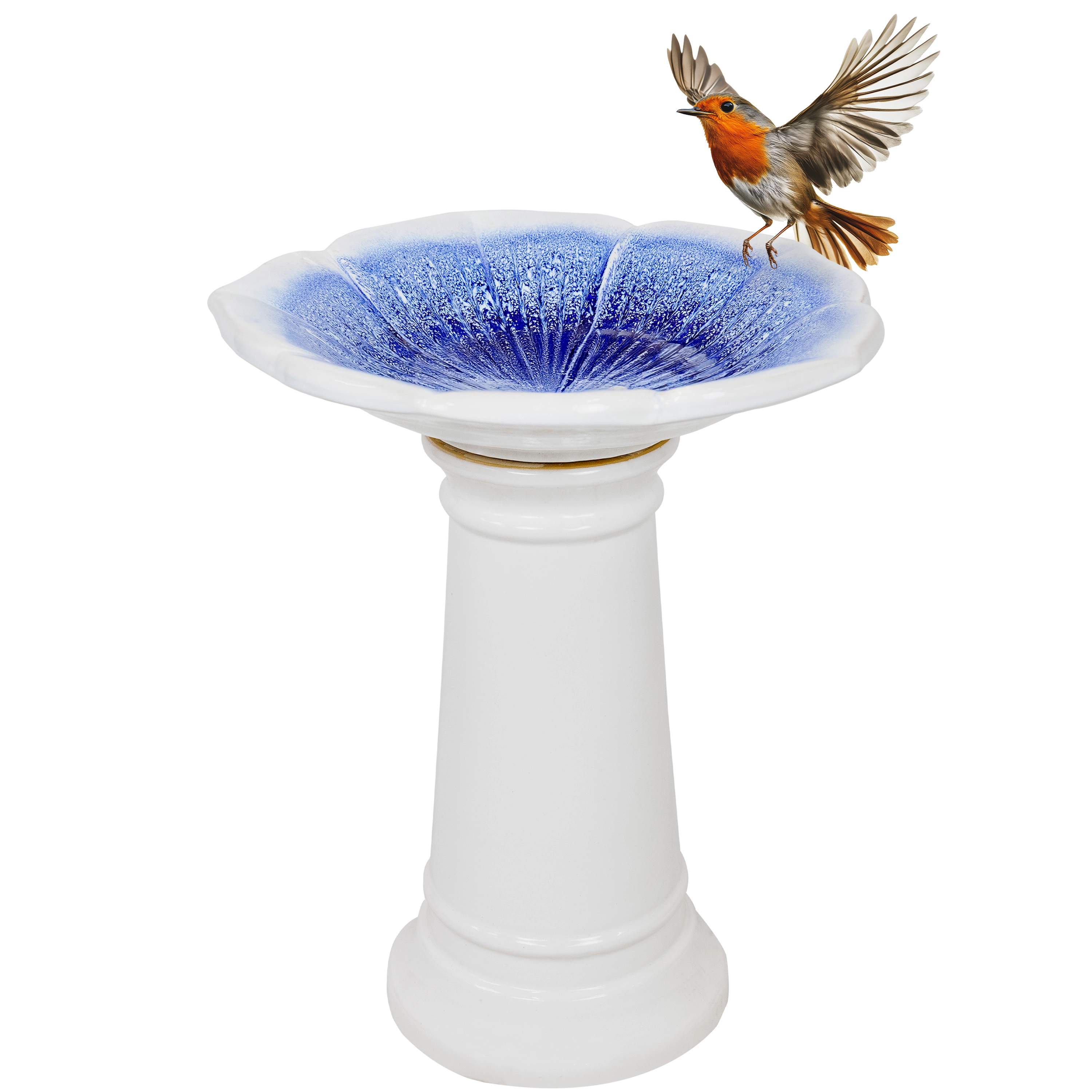 Sunnydaze Misty Blossom Ceramic Bird Bath for Outdoors, 23” H, White & Blue