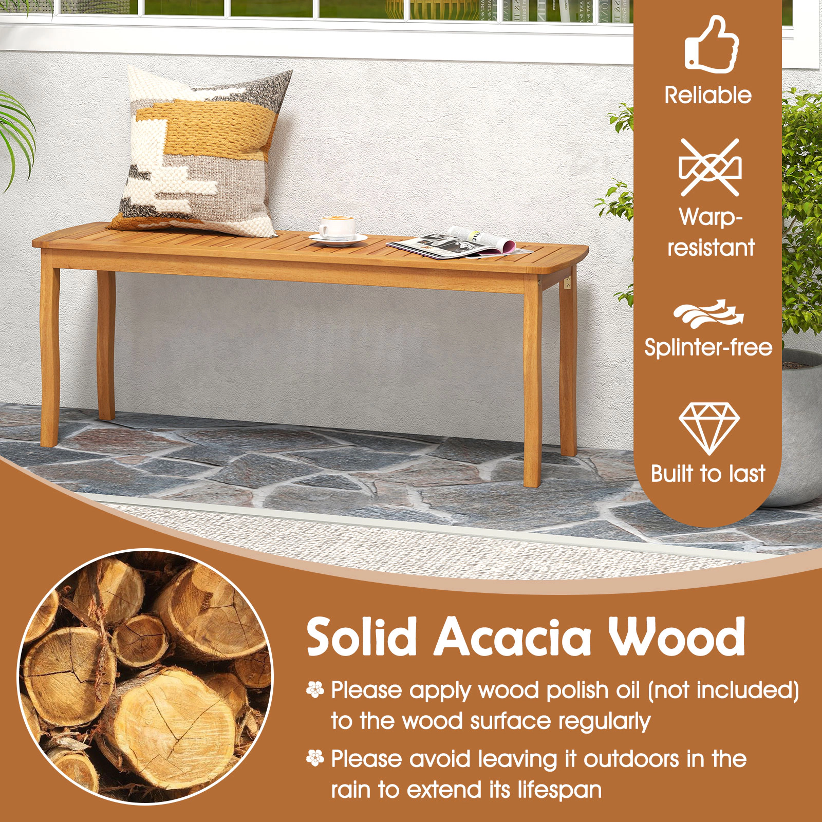 SUGIFT 48-in Long Acacia Wood Outdoor Patio Dining Bench 800-lb Capacity Natural 1-Piece Slatted Seat