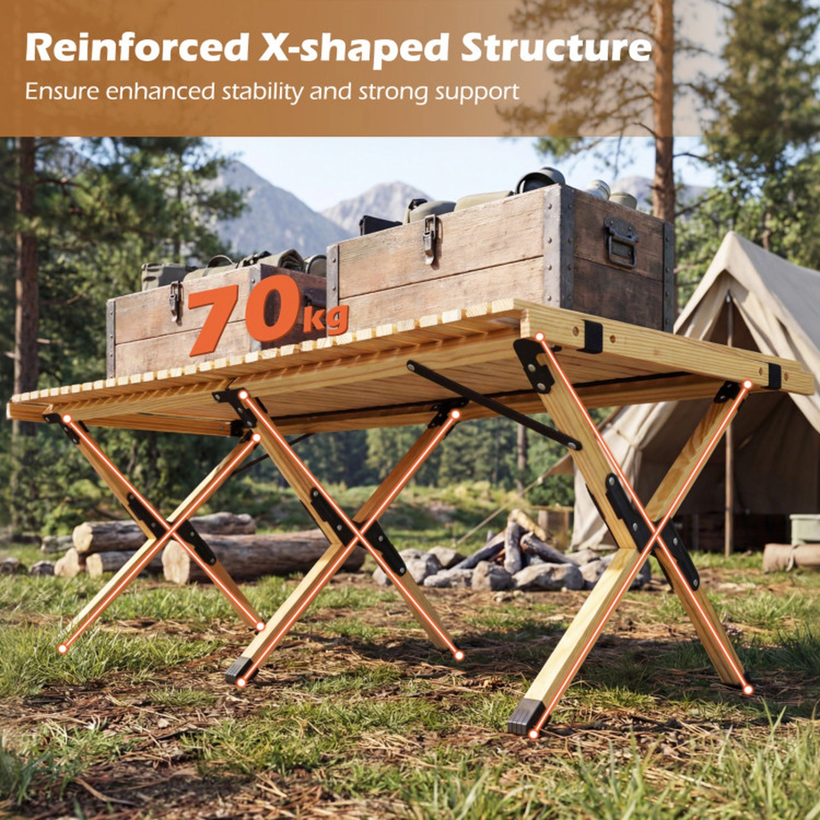 SUGIFT Natural Wood Roll Up Folding Camping Table with Carry Bag 48-in W 24-in D 18-in H 155-lb Tabletop Capacity