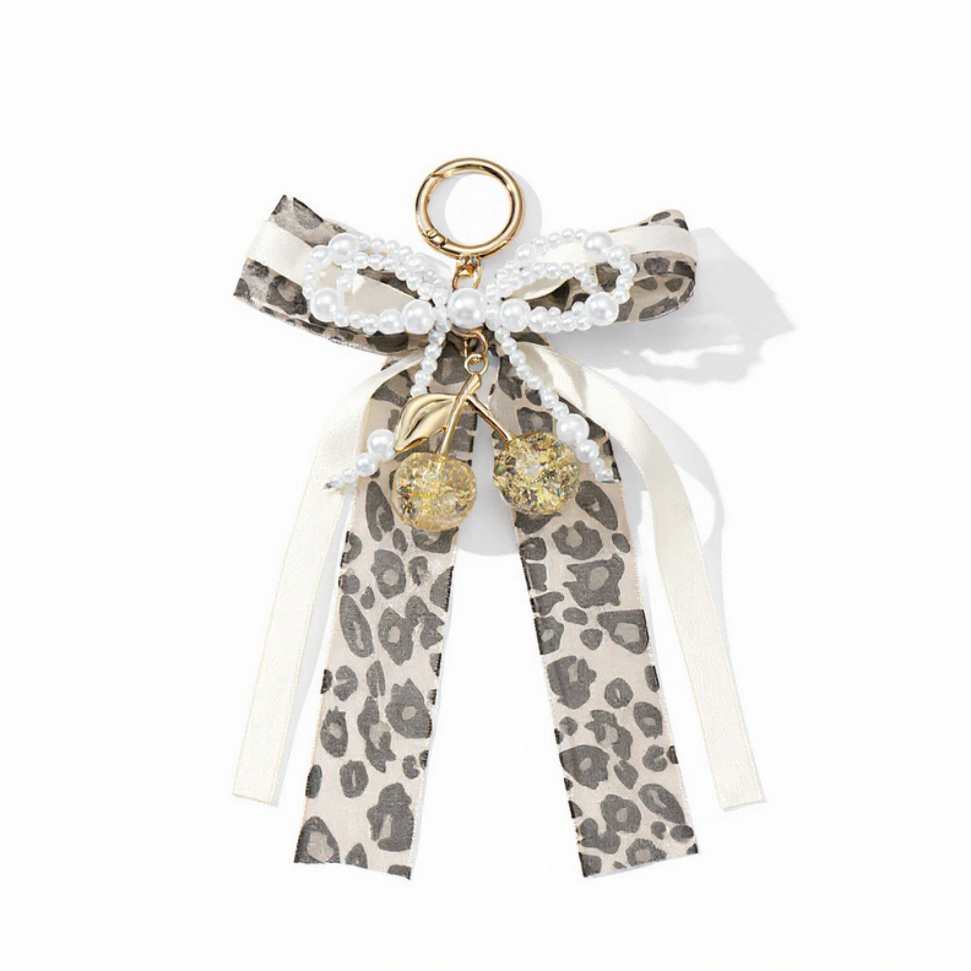 Alilang Women's Fashion Leopard Print Ribbon Keychain with Pearl Bow and Cherry Charms